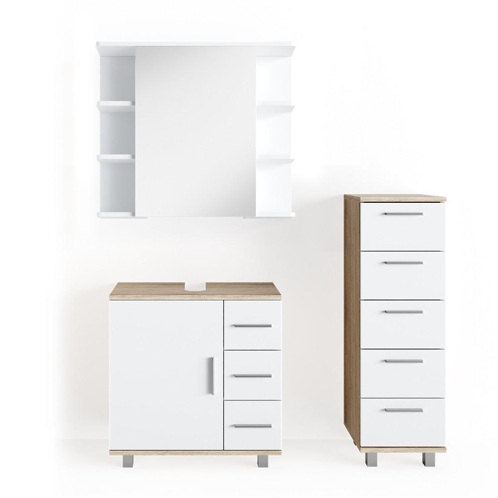 BADMÖBEL-SET Ilias Sonoma 3 Teile, mit Midischrank - Weiß/Sonoma Eiche, Holzwerkstoff (60/60.8/33cm) - Vicco