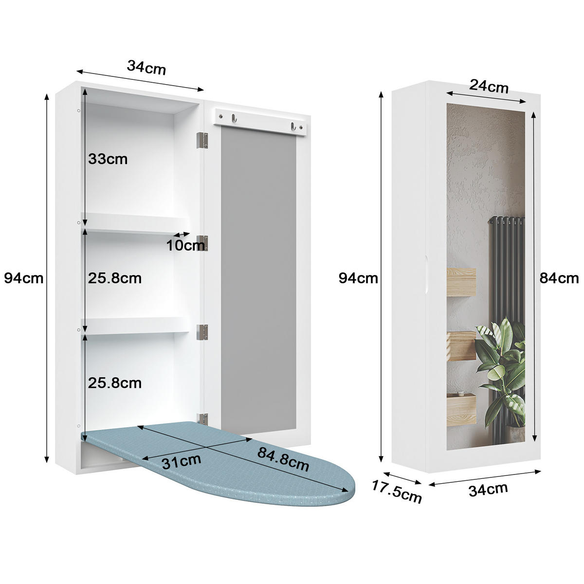 BÜGELBRETTSCHRANK DE-37974 mit Spiegel und Aufbewahrung Weiß - Weiß, Holzwerkstoff (34/95/17.5cm) - ComfortXL