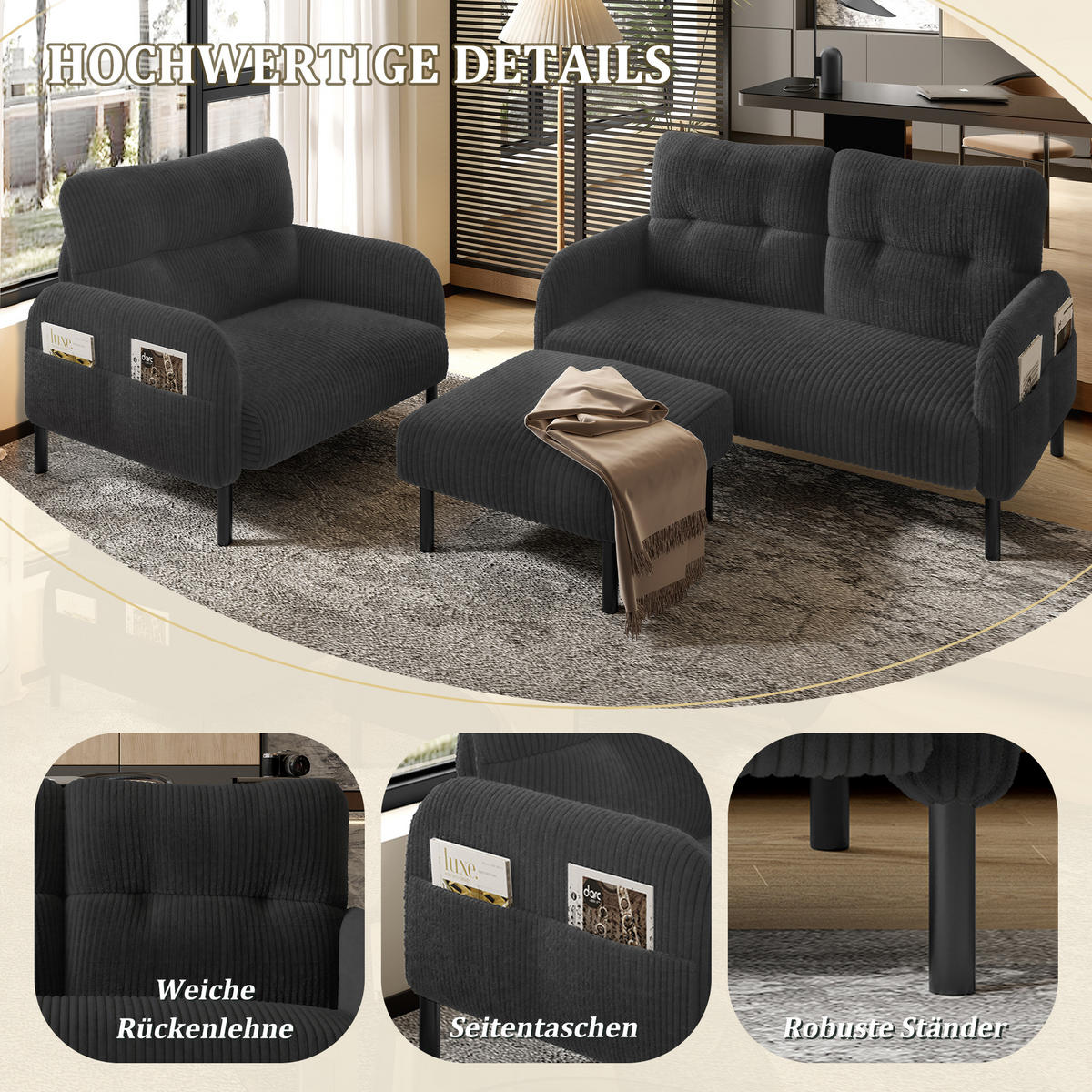 SOFA Set, 2-Sitzer+Sessel+Hocker, Cord, Grau - Schwarz/Grau, Textil/Metall (120/79/75cm) - LVHOM