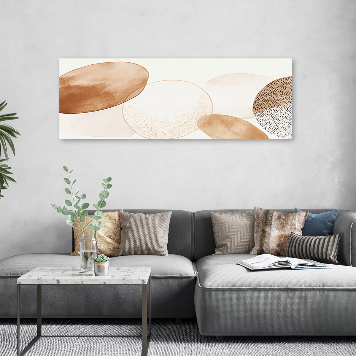 LEINWANDBILD Kreise Kreise Aquarell Beige Minimalismus 120x40cm - Braun, Textil (120/40cm) - Feeby