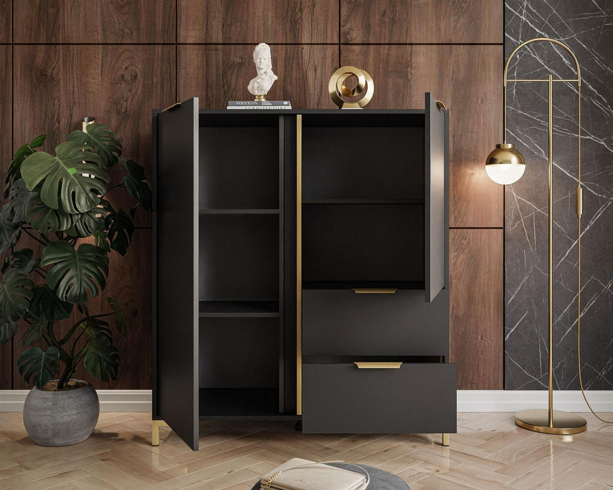 KOMMODE LARETTO 2D2S anthrazit - Schwarz, Holzwerkstoff (103/117.4/40cm) - Lookway