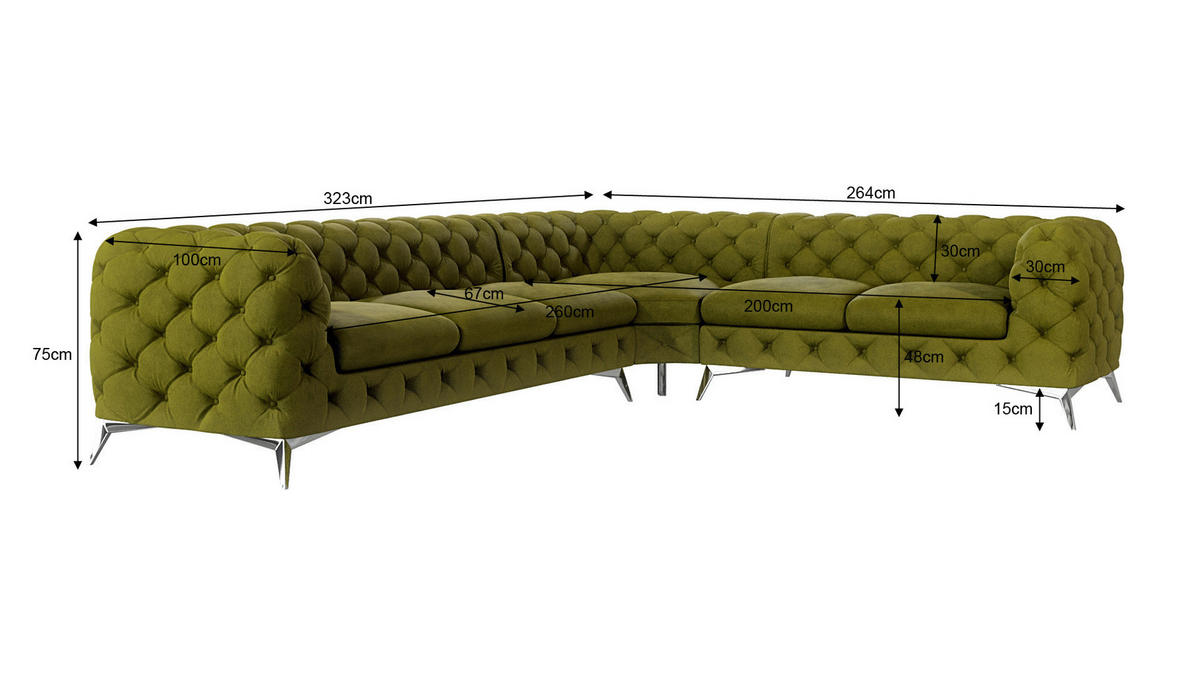 ECKSOFA Chesterfield Laura Olive Samt - Silberfarben/Olivgrün, Holz/Textil (323/264cm) - S-Style Möbel