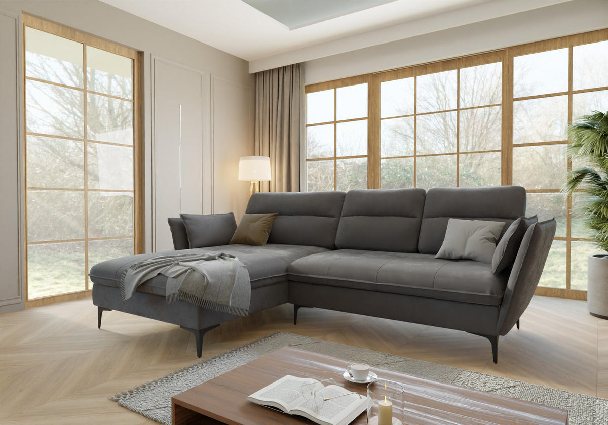 ECKSOFA Mira Grau Samt-Stoff - Schwarz/Grau, Textil/Metall (260/168cm) - S-Style Möbel