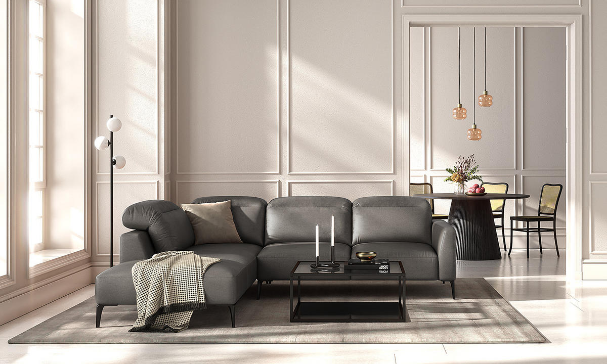 ECKSOFA mit Ottomane - Schwarz/Grau, Leder/Metall (263/238cm) - home24