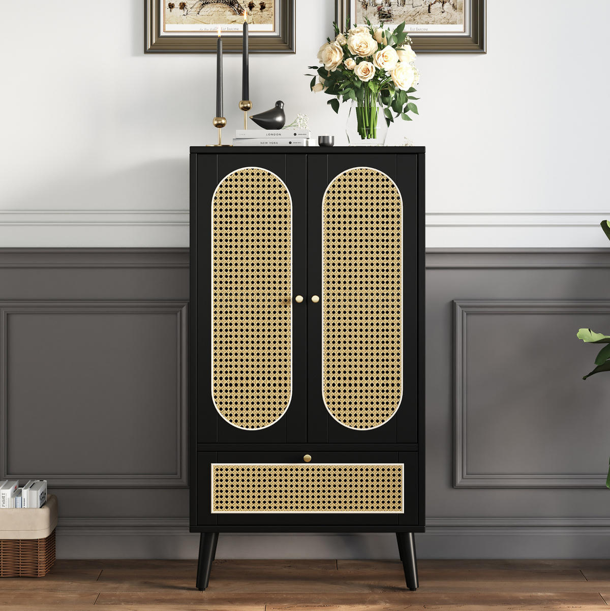 SIDEBOARD 60/40/110,5 cm aus Spanplatte mit Rattan-Fronten Schwarz - Schwarz, Holzwerkstoff (40/110.5/60cm) - Modenvie
