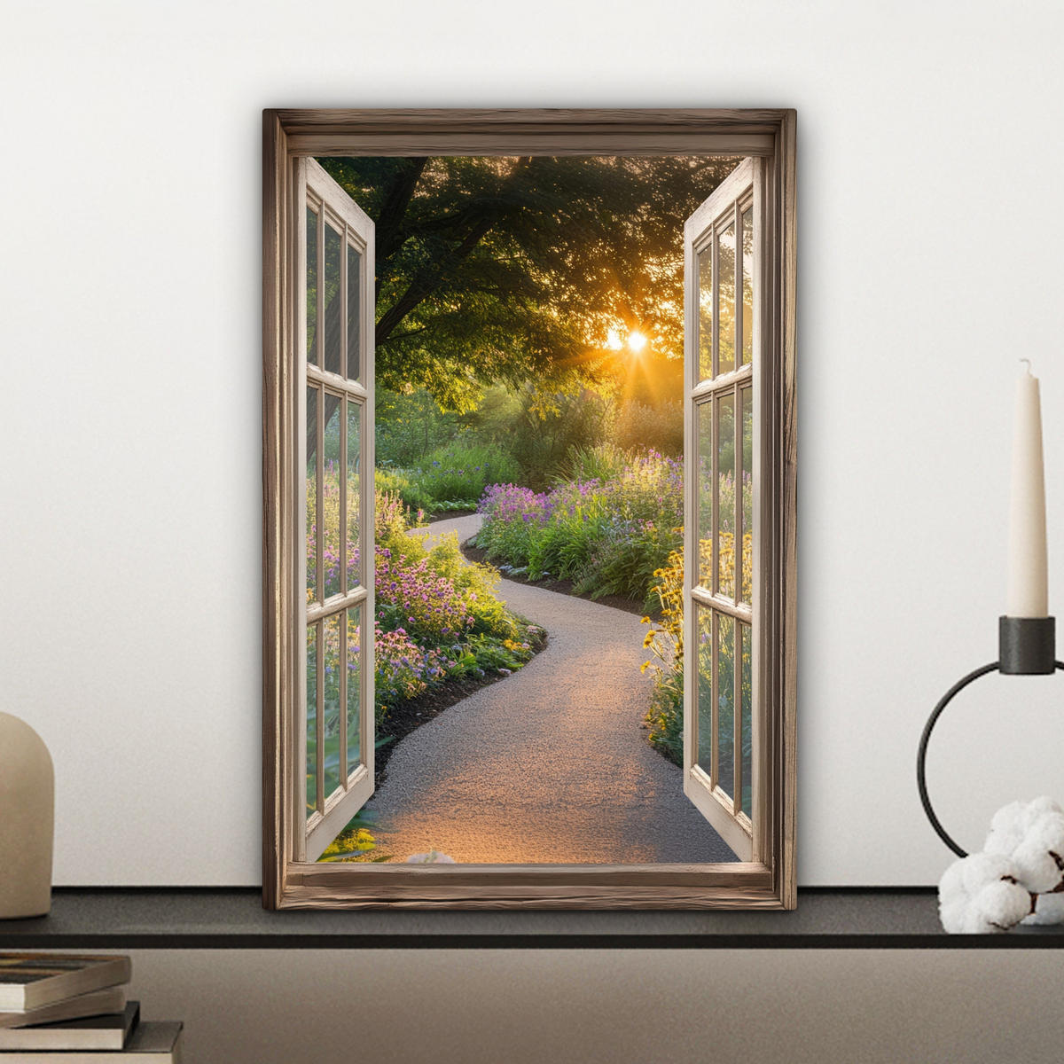 LEINWANDBILD Aussicht - Blumen - Natur - Sonne - Weg Deko Wohnzimmer 20x30 cm - Hellgelb, Textil (20/30cm) - MuchoWow