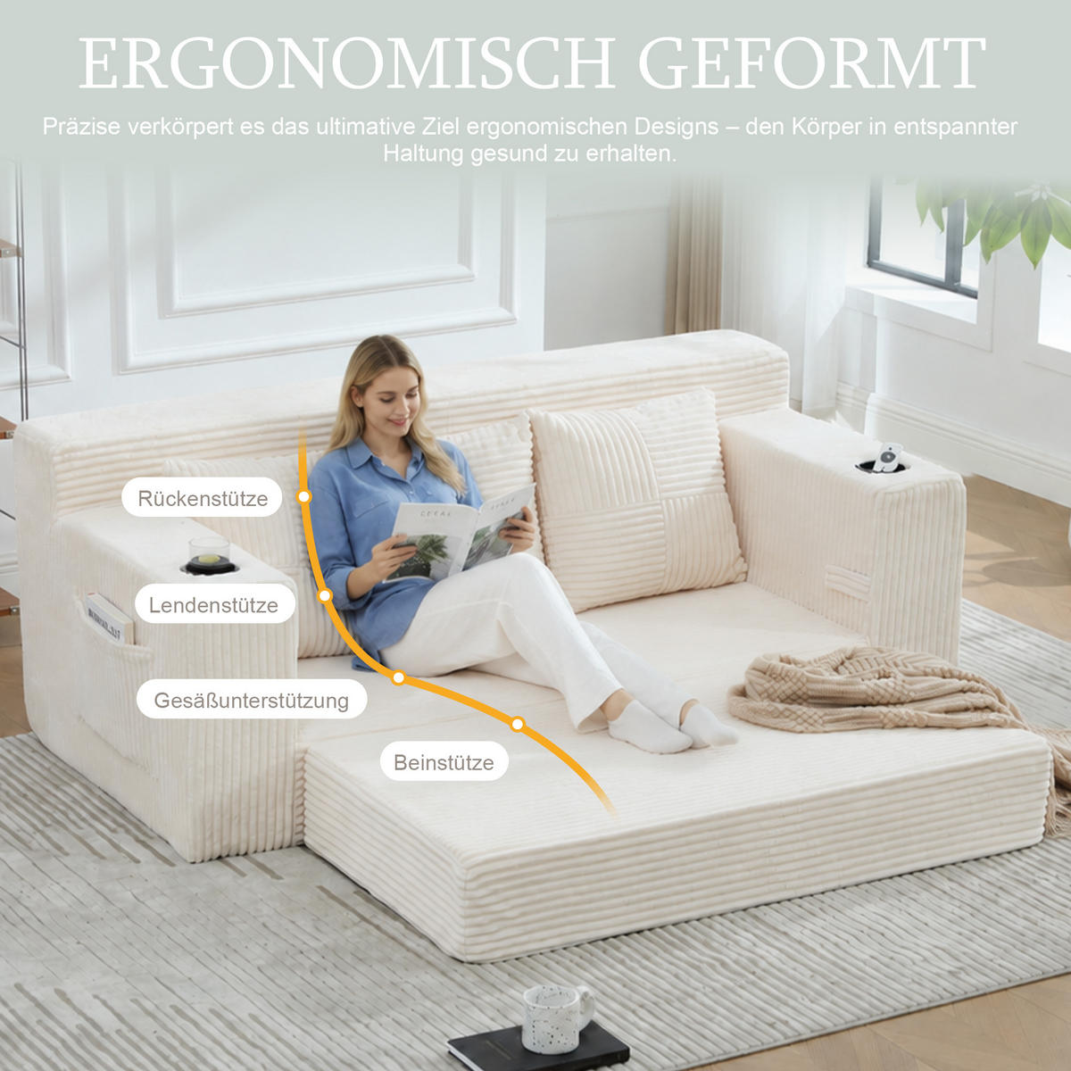 2-SITZER Bodensofa ausklappbar, Getränkehalter/Seitentaschen, Cord, Beige - Beige, Textil (172/64/87cm) - LVHOM
