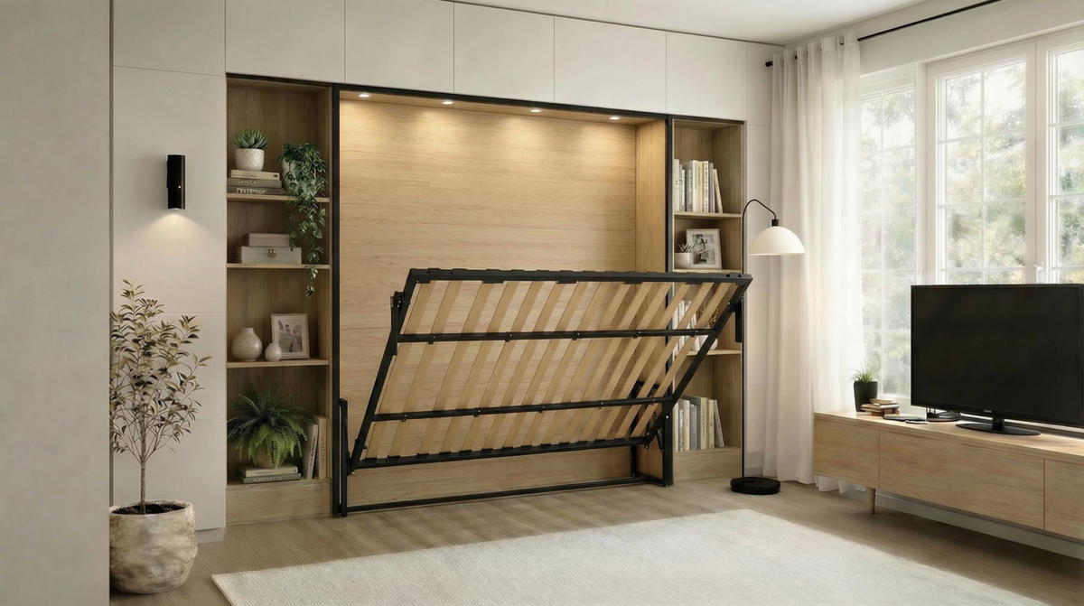 WANDBETT Morphy Classik Modulares SizeFlex- und TypeFlex-System - 200x160 Horizontal - Schwarz, Holz (200/160cm) - WallBedKing