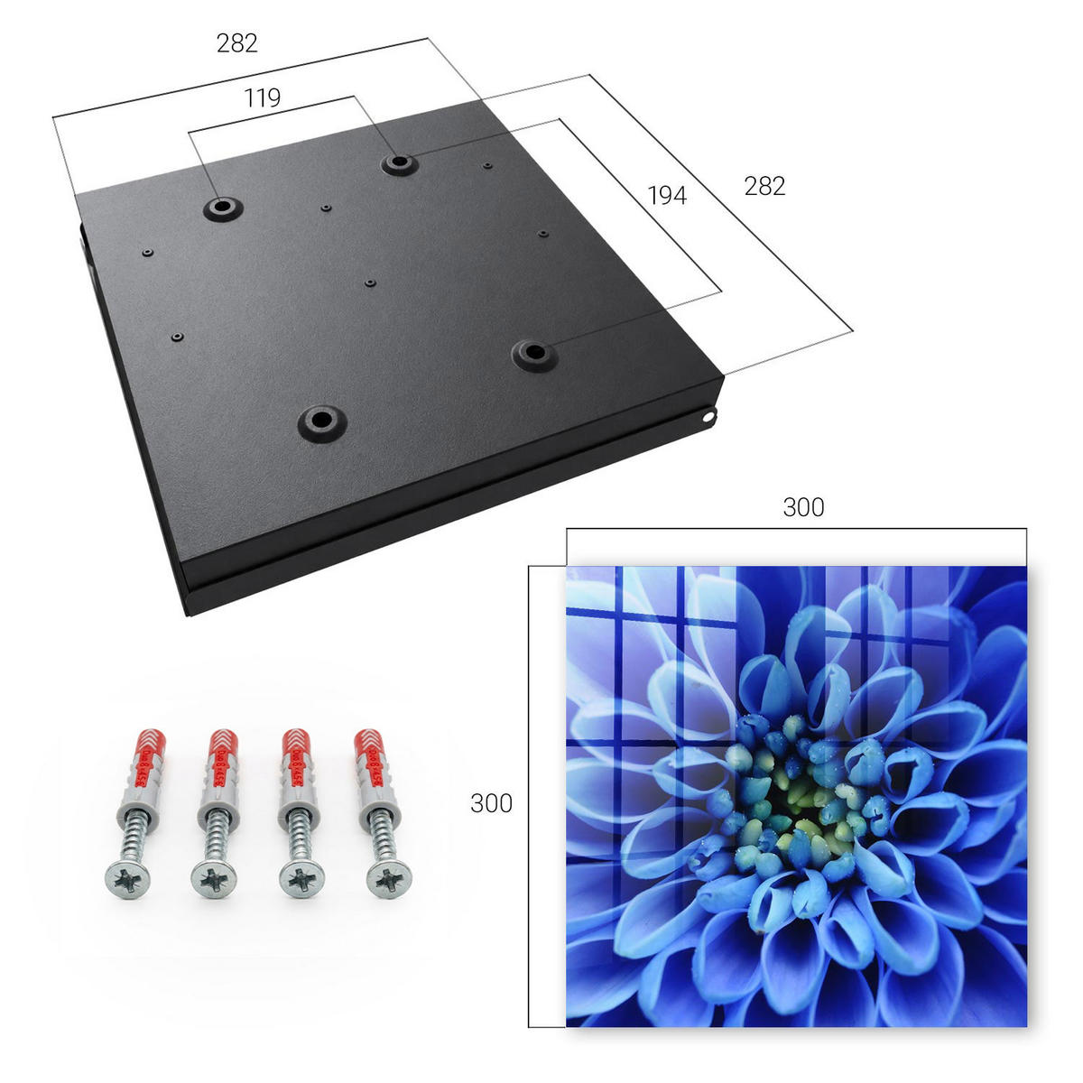 SCHLÜSSELBOX Schwarz 30x30 cm- Türöffnung nach rechts - Blaue Blume - Blau, Metall (30/30/5cm) - TULUP