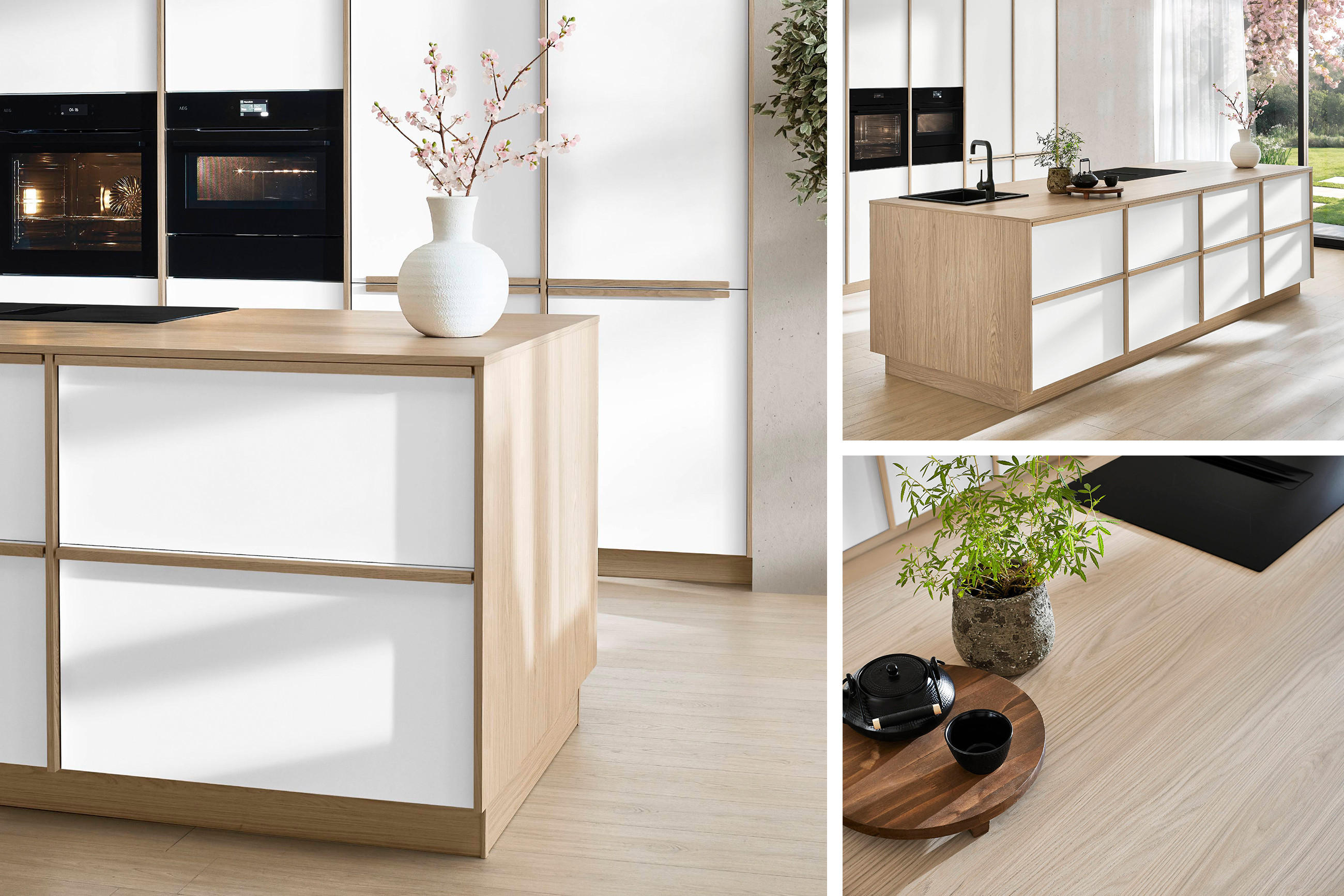 Collage mit 3 Detailaufnahmen einer modernen Küche mit Insel und Arbeitsplatte aus hellem Holz.
