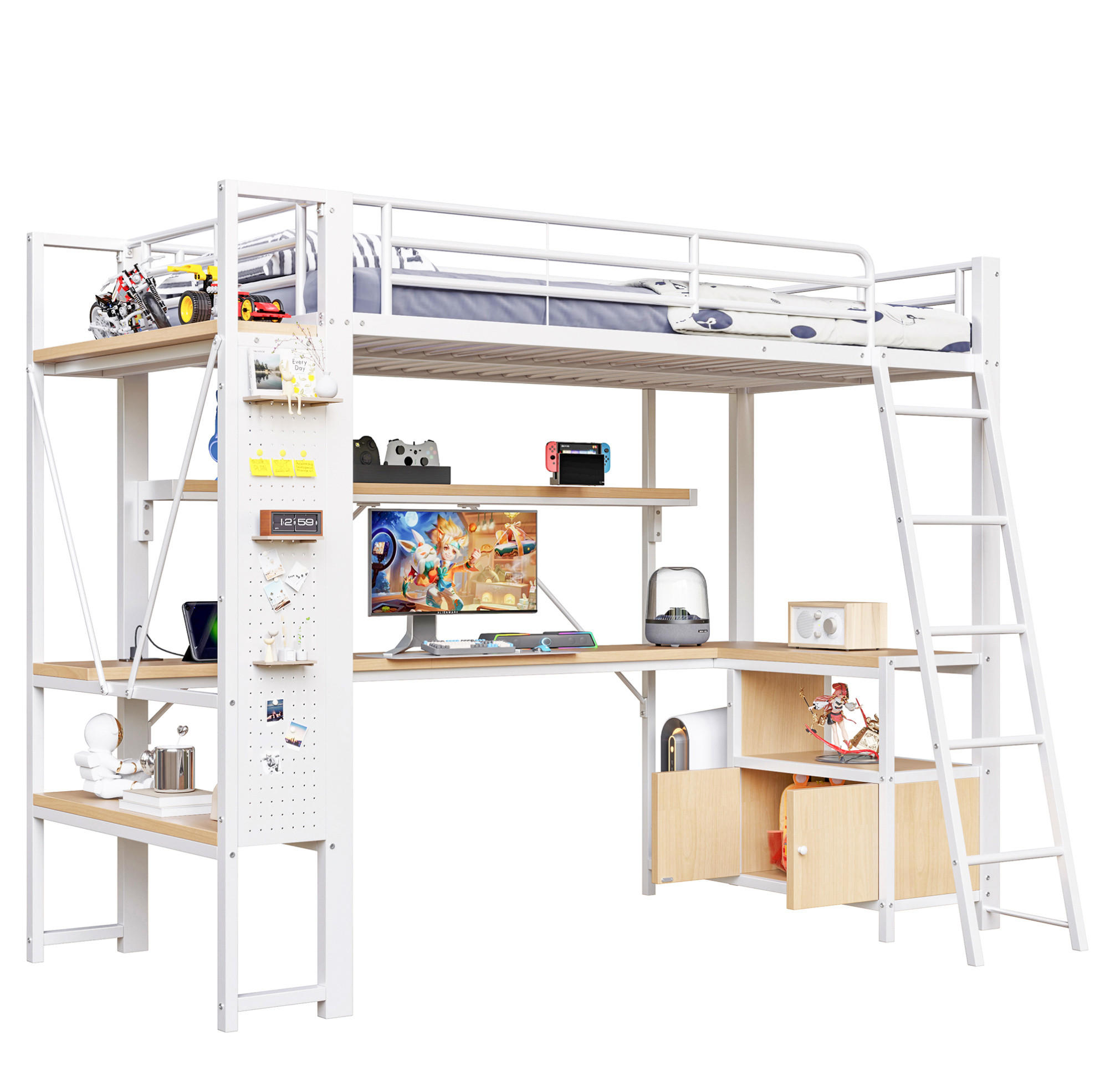 HOCHBETT 90/200 cm, Weiß, mit LED-Lichtleiste, Schreibtisch, ohne Matratze - Weiß, Metall (90/200cm) - MIVRAY