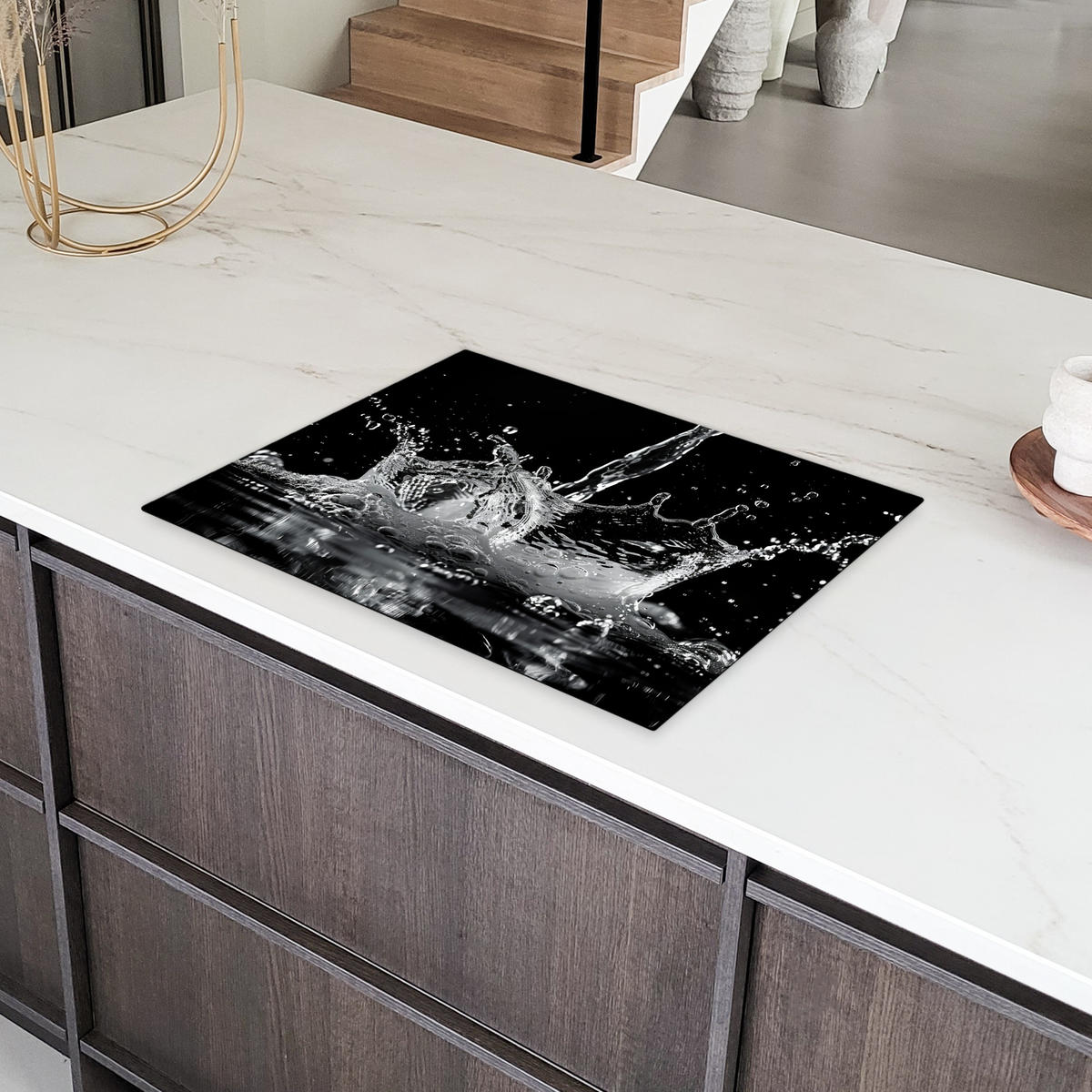 HERDABDECKPLATTE Wasser - Spritzwasser - Schwarz Herdabdeckung Induktionsfeld 70x52 cm - Schwarz, Kunststoff (70/52/0.2cm) - MuchoWow