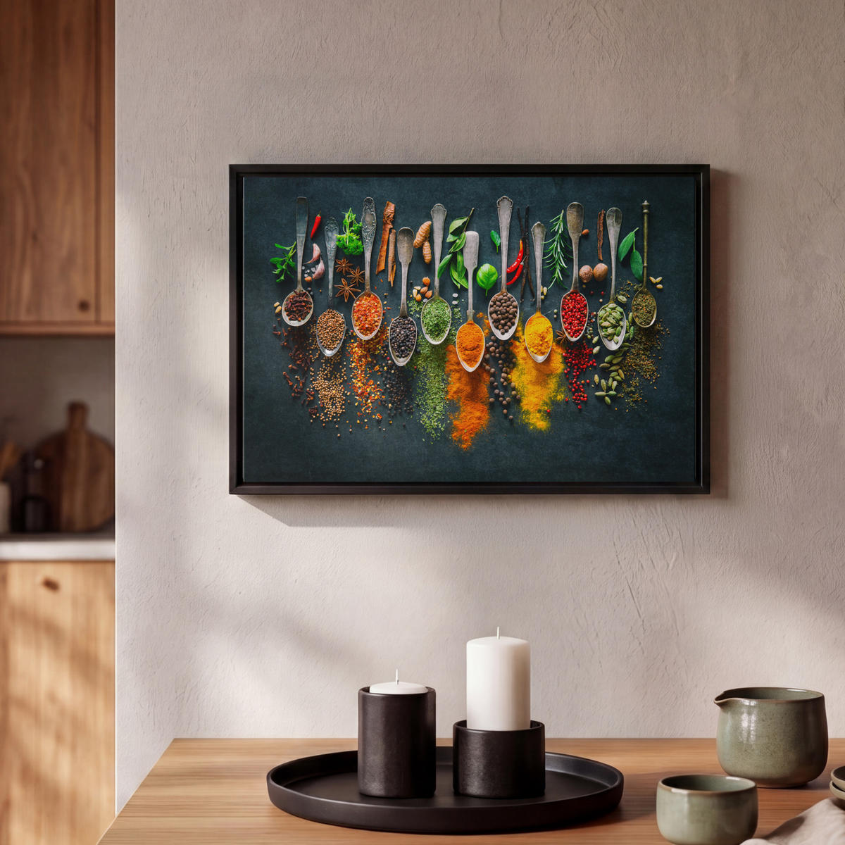 LEINWAND Bilder mit Rahmen - Kräuter - Gewürze - Löffel - 30x20 - Currygelb, Textil (30/20cm) - MuchoWow