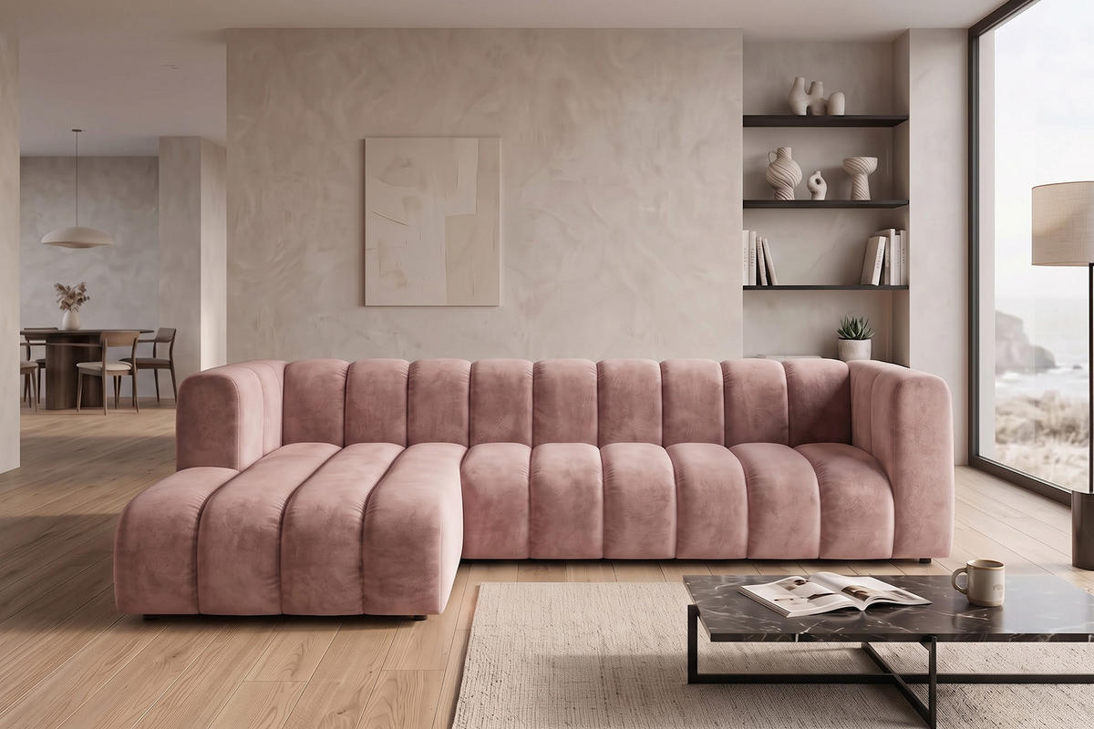 ECKSOFA Modulares In L-Form, Velvet-Stoff Riviera, Hellrosa, Links, GRAND 318 cm - Hellrosa, Holz (318/179cm) - Kaiser Möbel