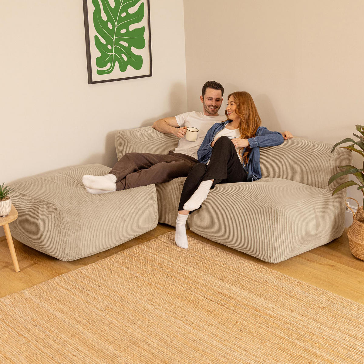 SITZSACK-SOFA 3-tlg. ZEN: Ecksessel, Sessel, Fußstütze - Beige, Textil (290/68/100cm) - icon
