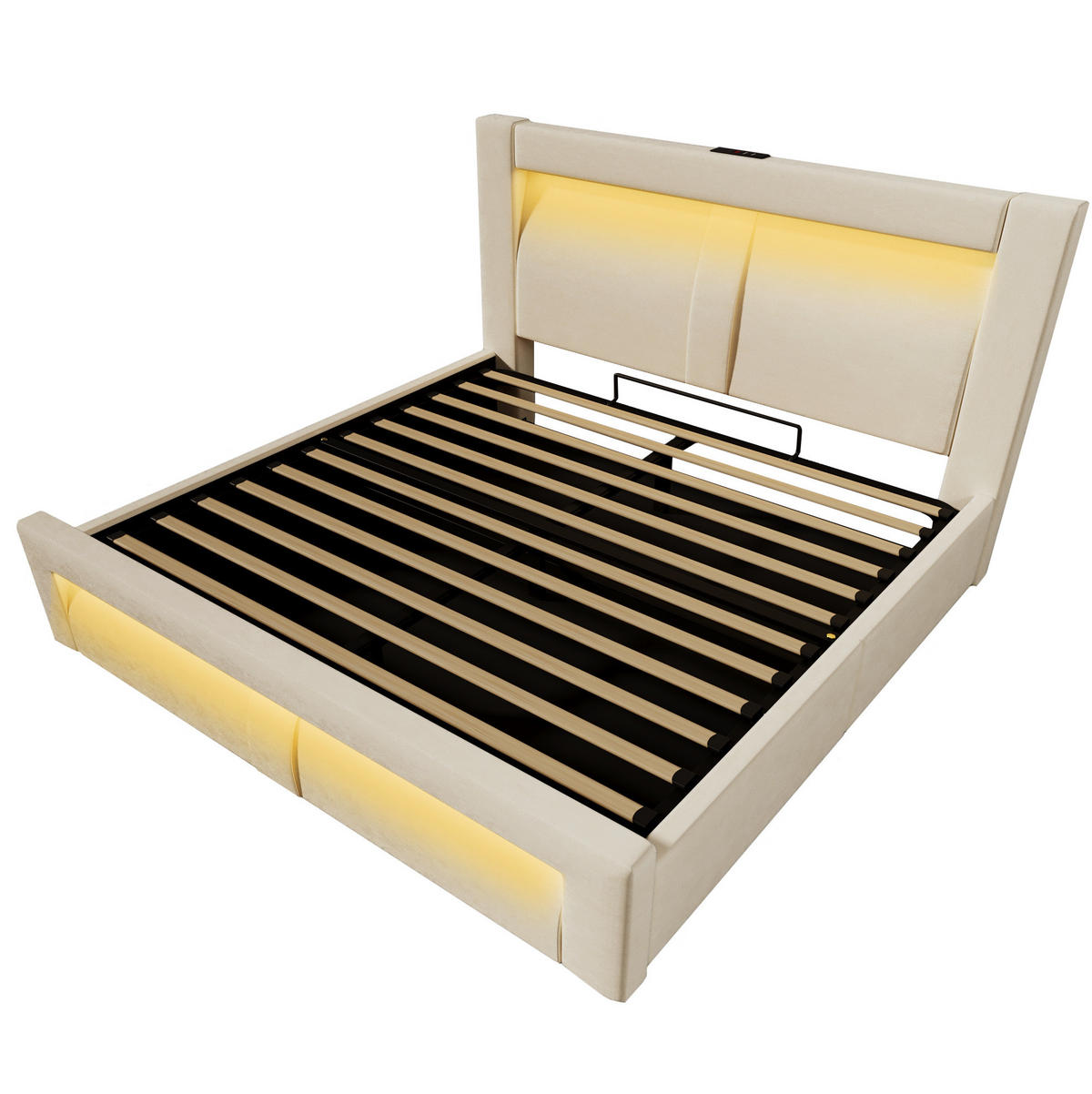 POLSTERBETT 160/200 cm Beige aus Samt mit Stauraum und LED - Beige, Textil (160/200cm) - OKWISH