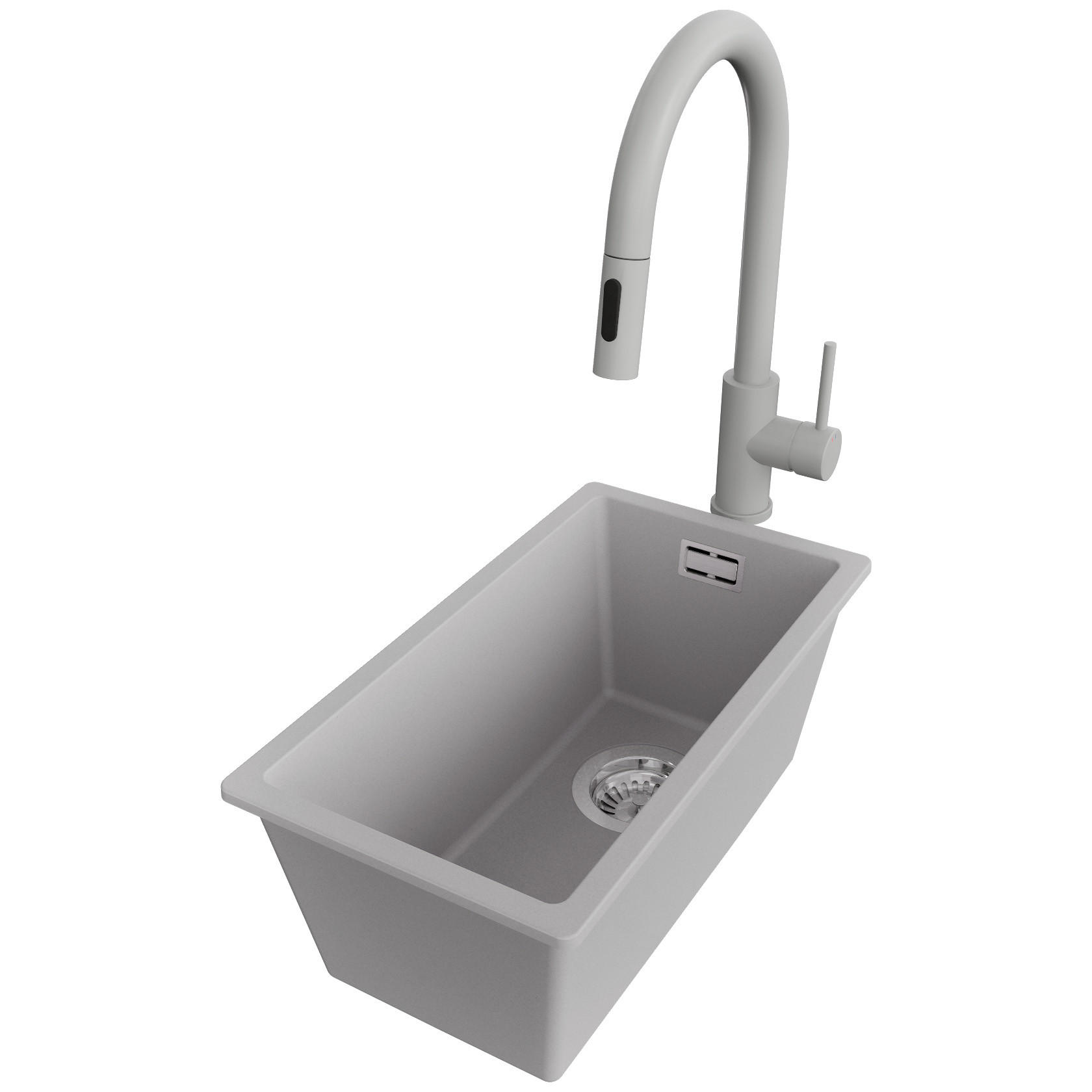 UNTERBAUSPÜLE GRANIT London, 3-er set Grau 26/47 cm, 1 Becken + Küchenarmatur 40/20 cm + Ablauf-Set ab 30er Unterschrank - Chromfarben/Grau, Kunststoff (26/20/47cm) - Primagran