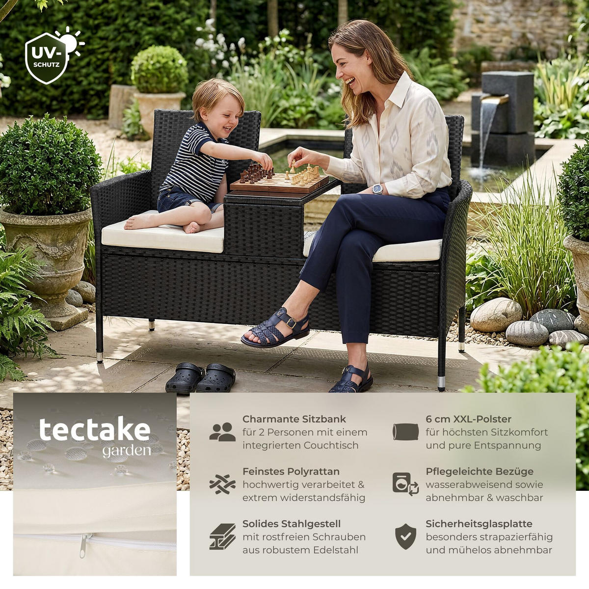 RATTAN GARTENSITZBANK Narbonne, 6 cm Sitzpolster, schwarz/beige - Beige/Schwarz, Kunststoff (61/82/131cm) - tectake
