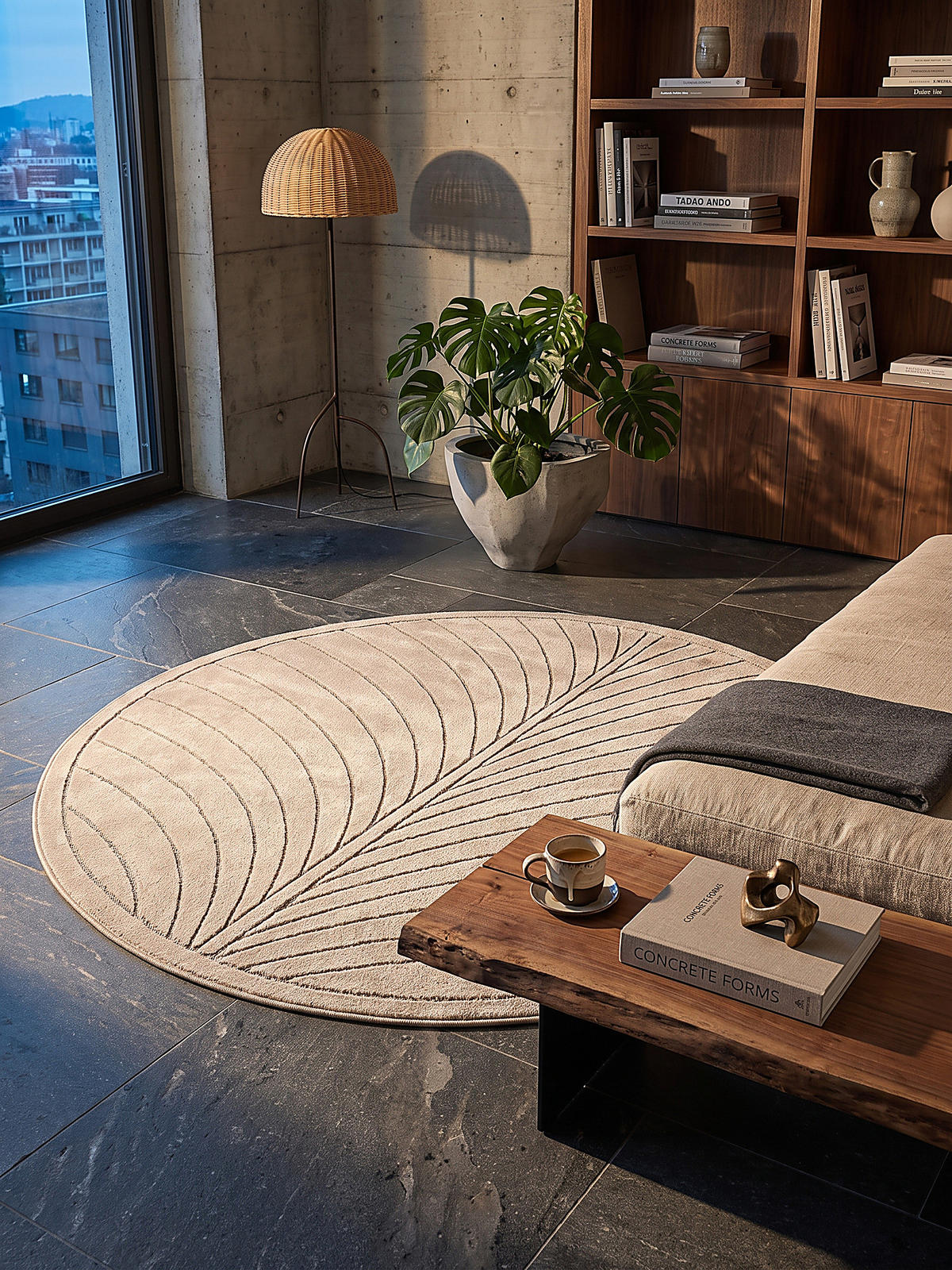 TEPPICH Outdoor, Fußbodenheizung-geeignet, mit Blattmotiv, aus Polypropylen, ENGADIN in Beige, Ø 120 cm - Beige, Textil (120/120cm) - KADIMA DESIGN