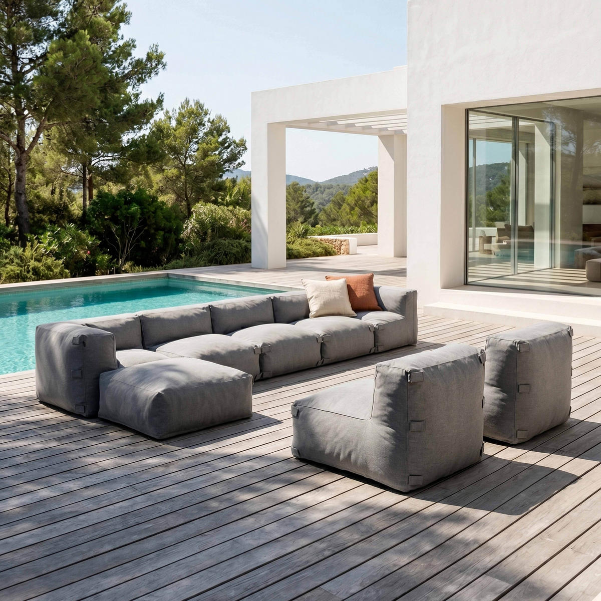 GARTENSOFA mit 8 Sitzplätzen, Grau - Grau, Textil - Oviala