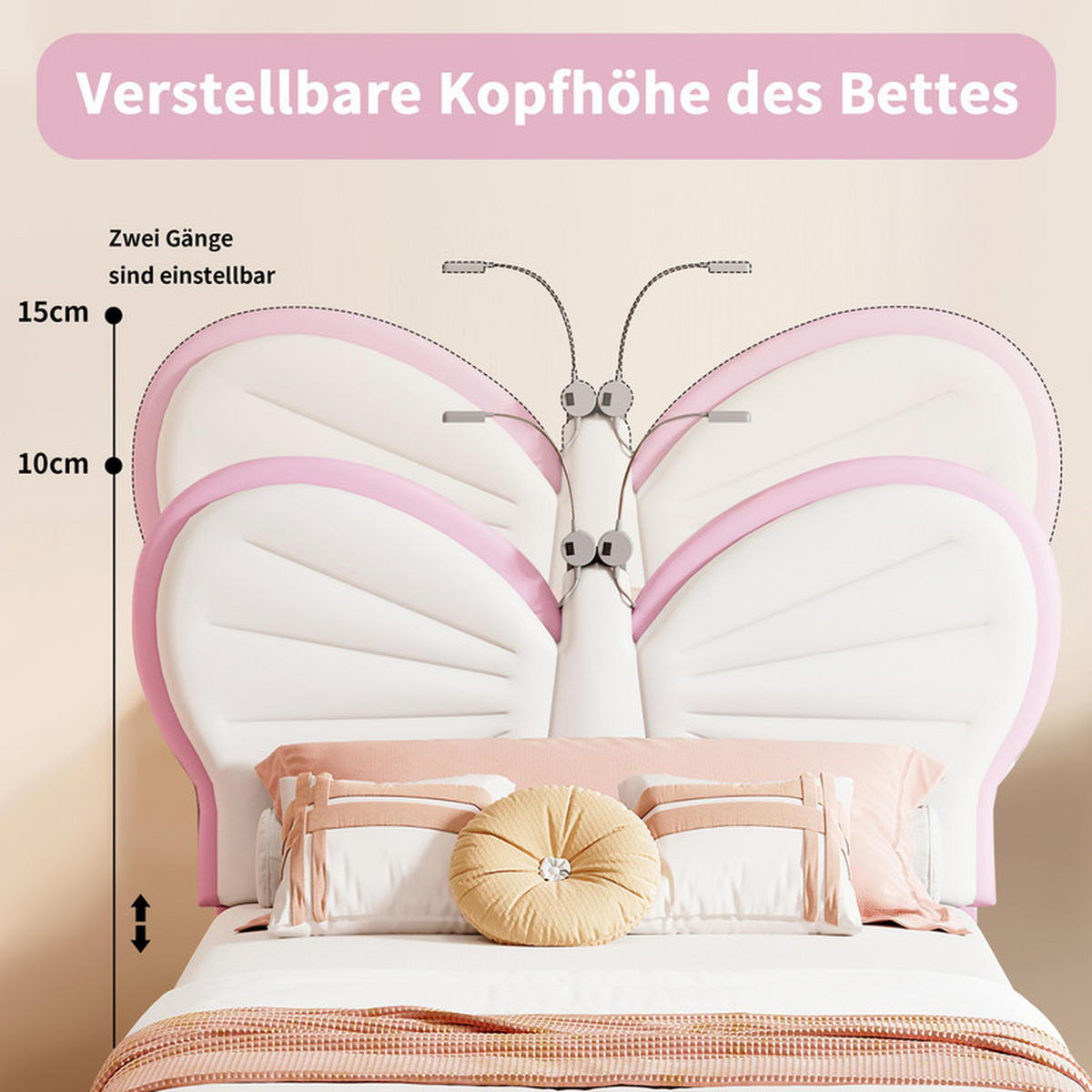KINDERBETT 90x200 cm, Samt, Weiß und Rosa, mit LED-Leselampe und Lattenrost, Schmetterlings-Kopfteil - Rosa, Holz (90/200cm) - WoodenAura