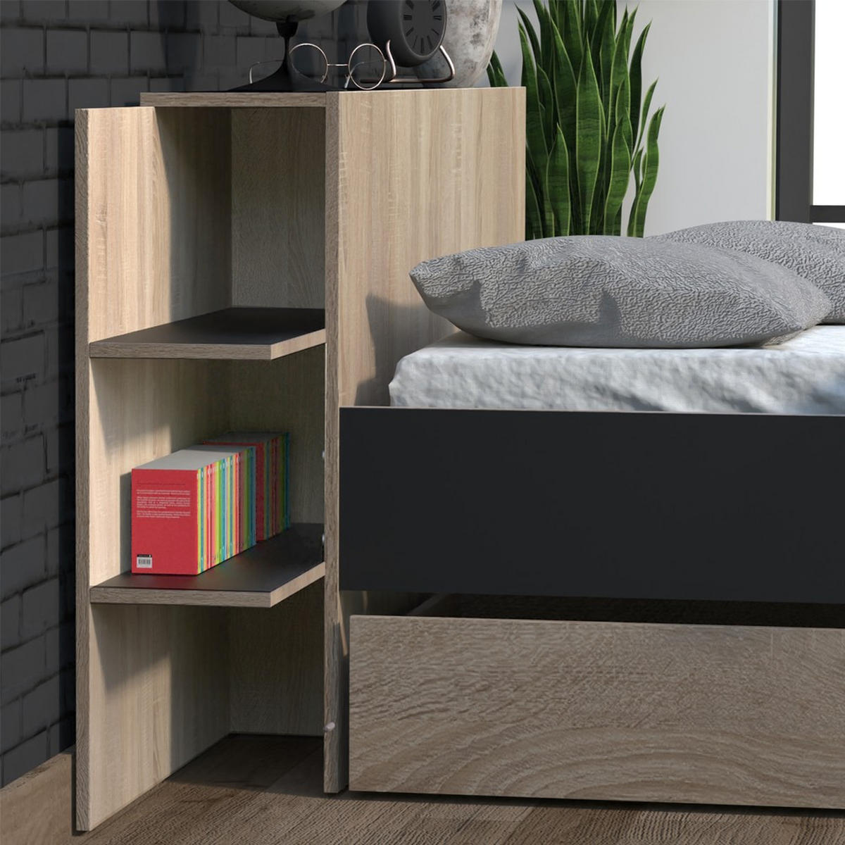 BETT CITY mit Kopfteil und Schublade/ Bett 140x190 - Schwarz & gebleichte Eiche Dekor - Schwarz/Sonoma Eiche, Holzwerkstoff (140/190cm) - Weber Industries