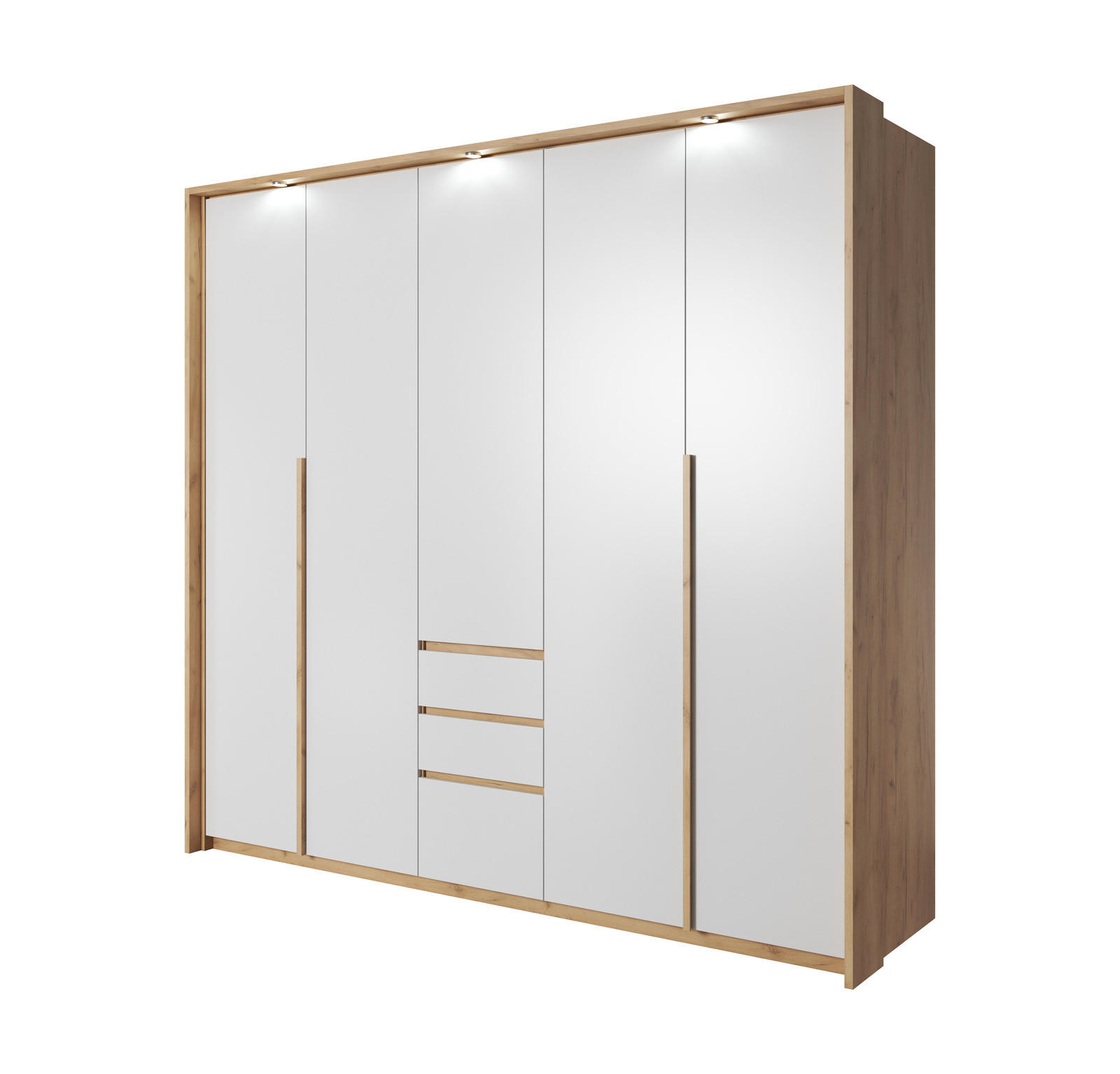 KLEIDERSCHRANK CORSA 230 cm Eiche Craft Gold / Weiß - mit Falttüren, Passepartout und LED - Eichefarben/Weiß, Holz/Holzwerkstoff (230/215/65cm) - Ravio
