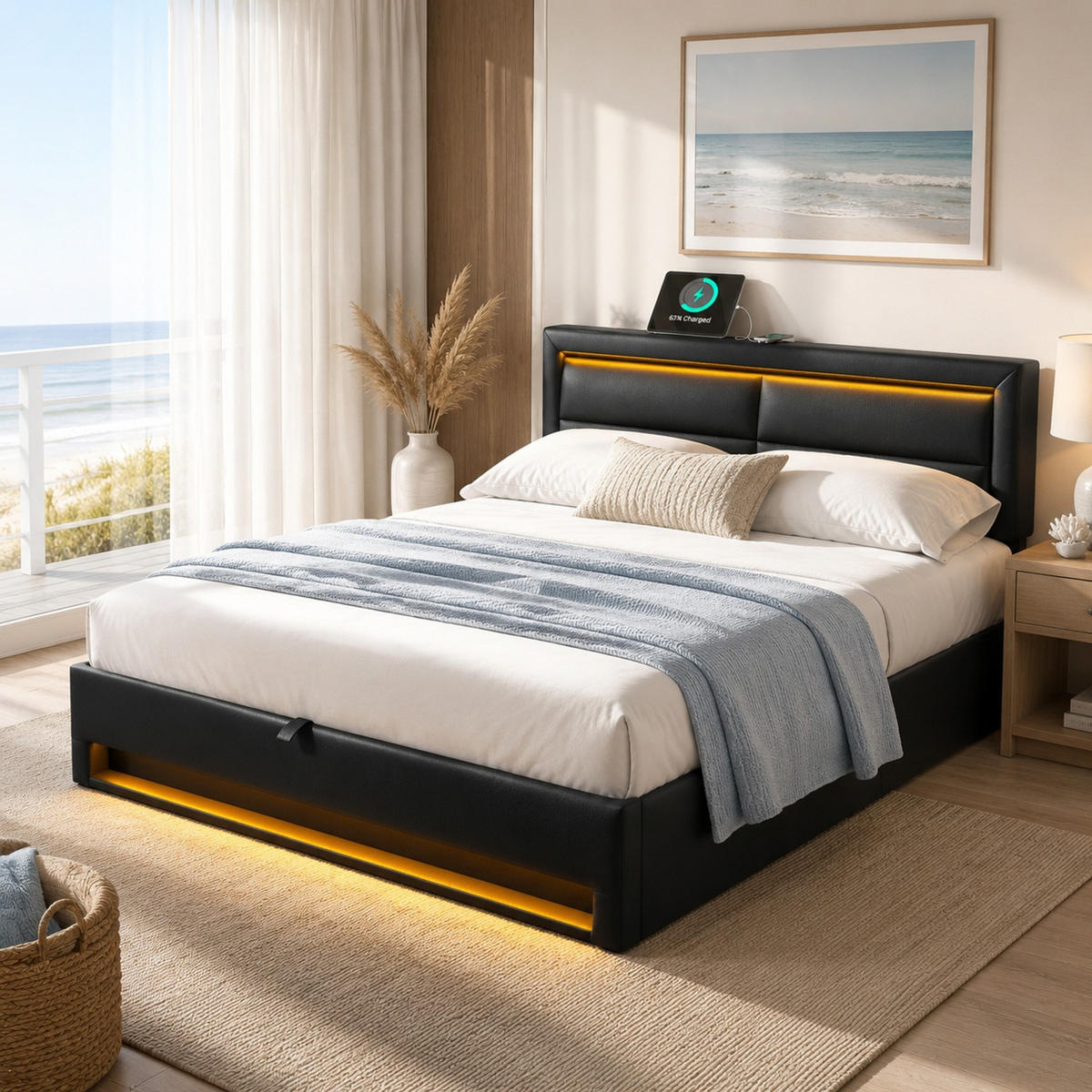 POLSTERBETT 140/200 mit Stauraum, LED und USB-Anschlüssen in Schwarz - Schwarz, Holzwerkstoff/Textil (140/200cm) - EVRYAE