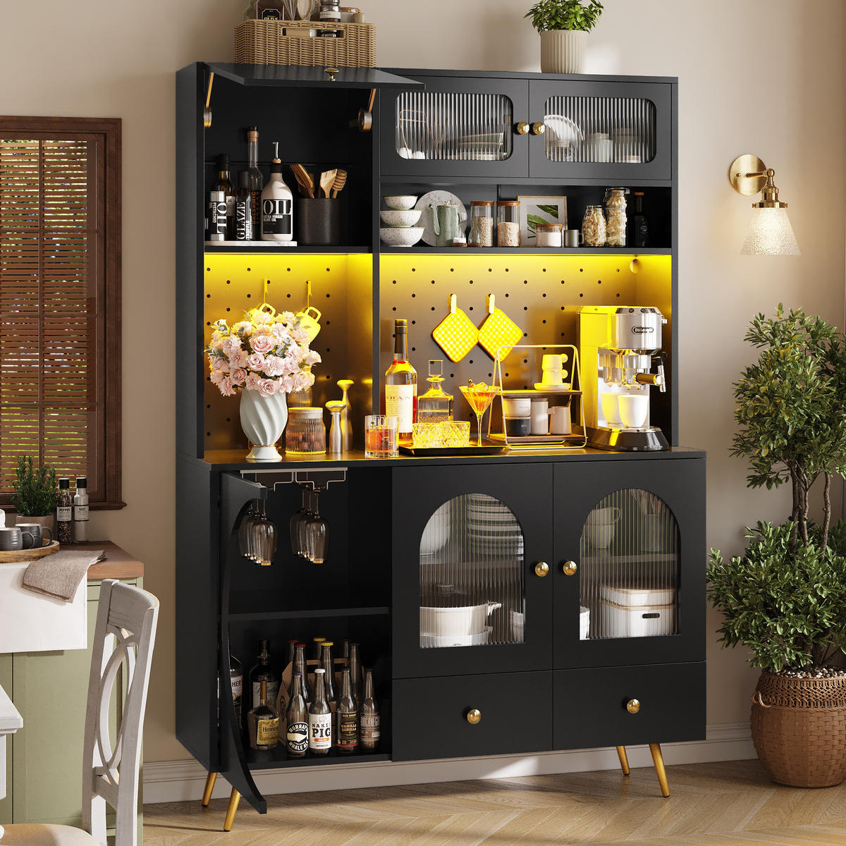 GESCHIRRSCHRANK aus MDF+Glas 120x40x176cm in Schwarz mit LED & Steckdose - Schwarz, Holzwerkstoff (120/176/40cm) - Modfu
