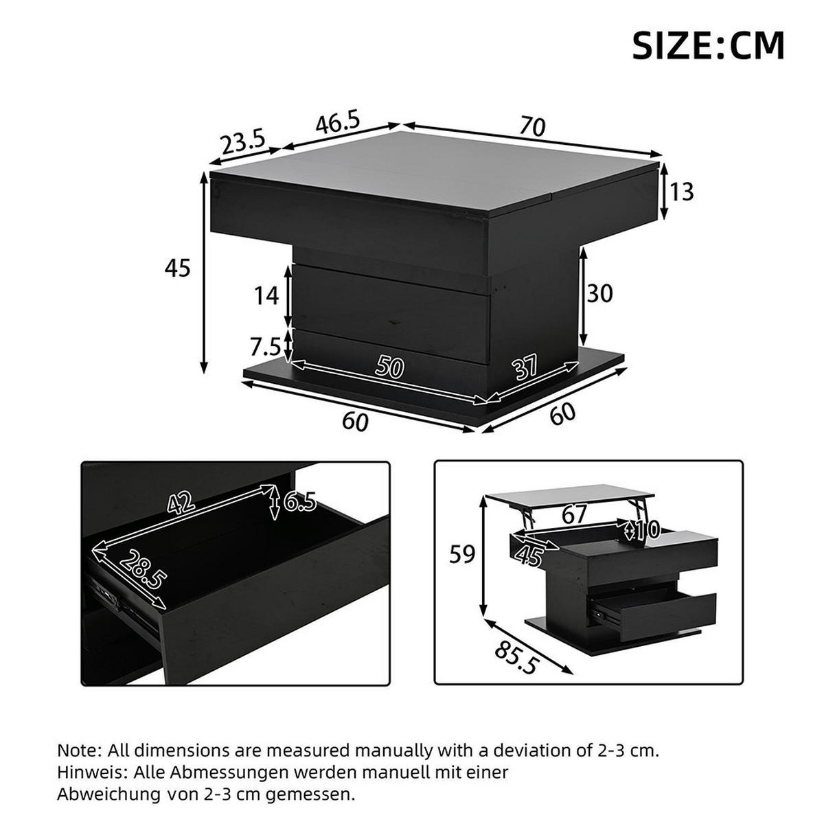 STOLIĆ ZA SPAVACU SOBU 70x70x45cm, gornja ploča 360° slobodno okretna, crna - crna, drvni materijal (70/70/45cm) - KOMHTOM