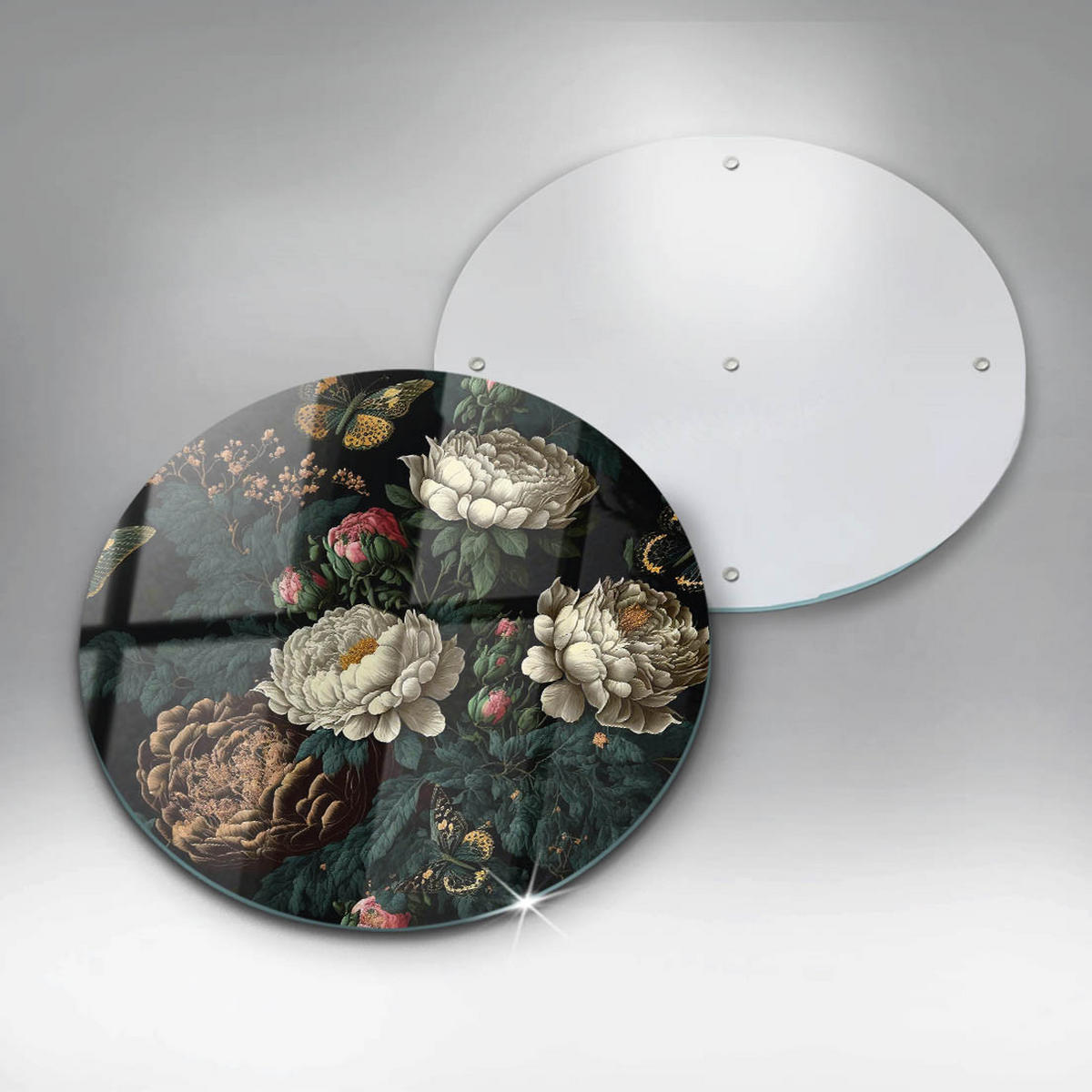 GLASPLATTE Ø 30 cm Vintage Pfingstrosen Blumen - Schwarz, Glas (30/30cm) - Wallfluent