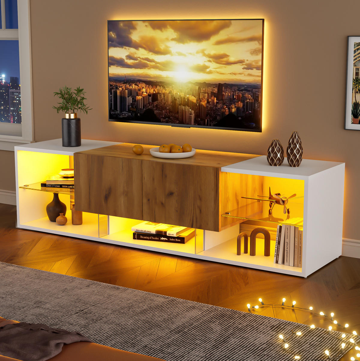 LOWBOARD 160/40/42 cm aus Holzwerkstoff mit LED-Beleuchtung und 2 Schubladen Weiß/Eichefarben - Hellbraun, Holzwerkstoff (160/42/40cm) - Modenvie