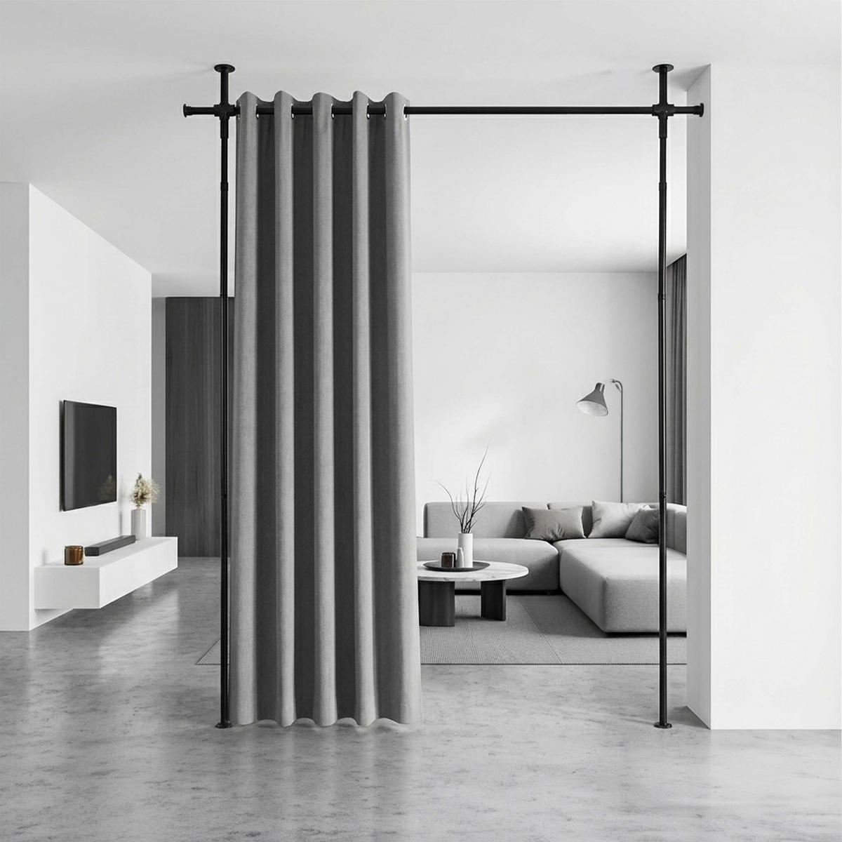 TYČ NA PARAVÁN Čierna 3-dielny-set výsuvná 122-305 cm - čierna, kov (177/305/2.5cm) - Relaxdays