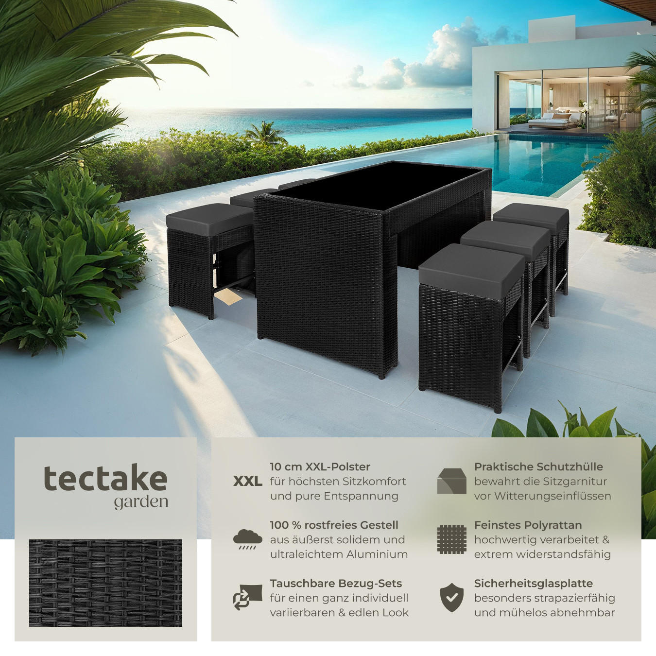 RATTAN BARSET Ibiza,2 Bezugssets,schwarz - Schwarz, Kunststoff - tectake