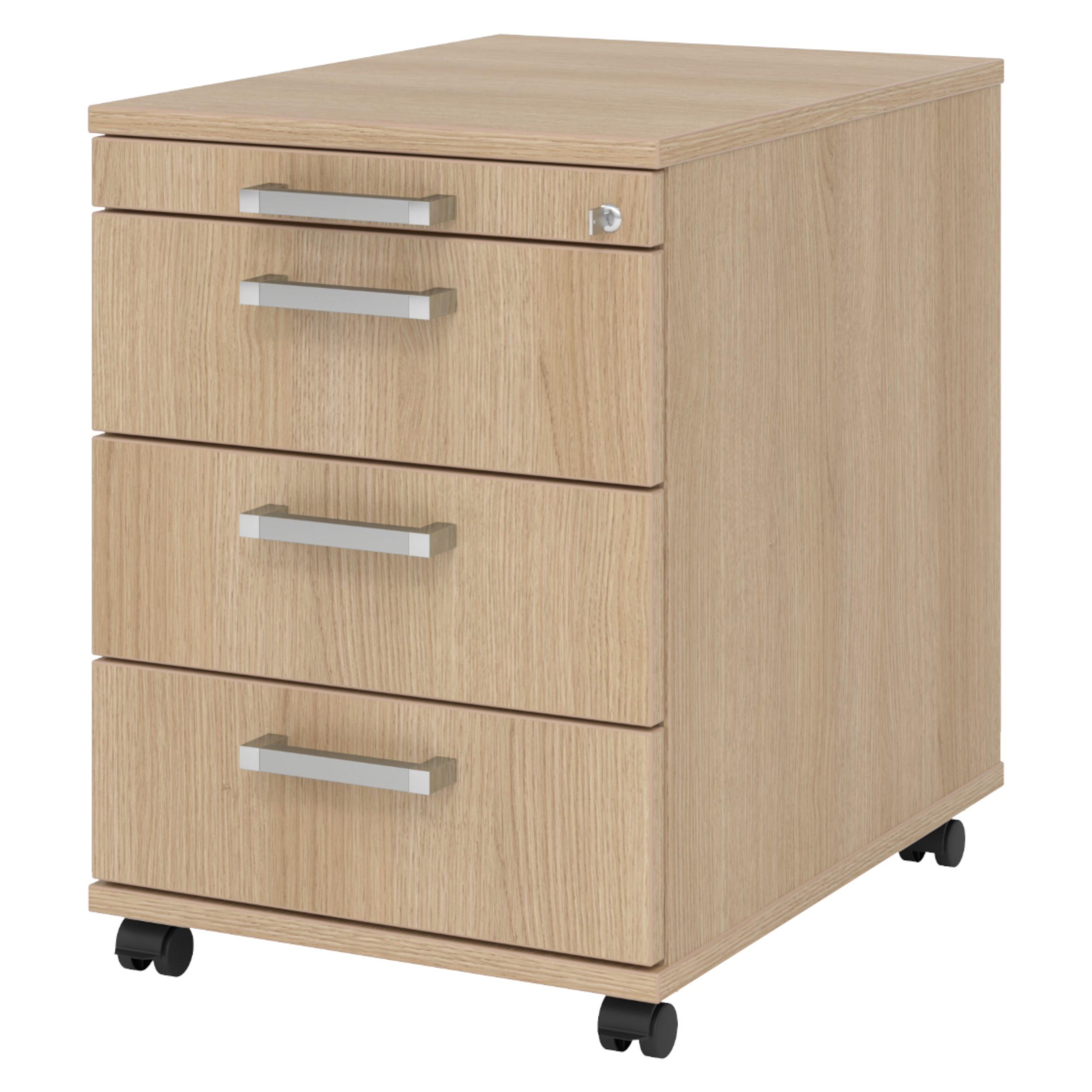 ROLLCONTAINER - 3 Materialschubladen 58/42,8/59 cm in Eichefarben Chromgriff (Metall) - Eichefarben, Holzwerkstoff (42.8/59/58cm) - bümö