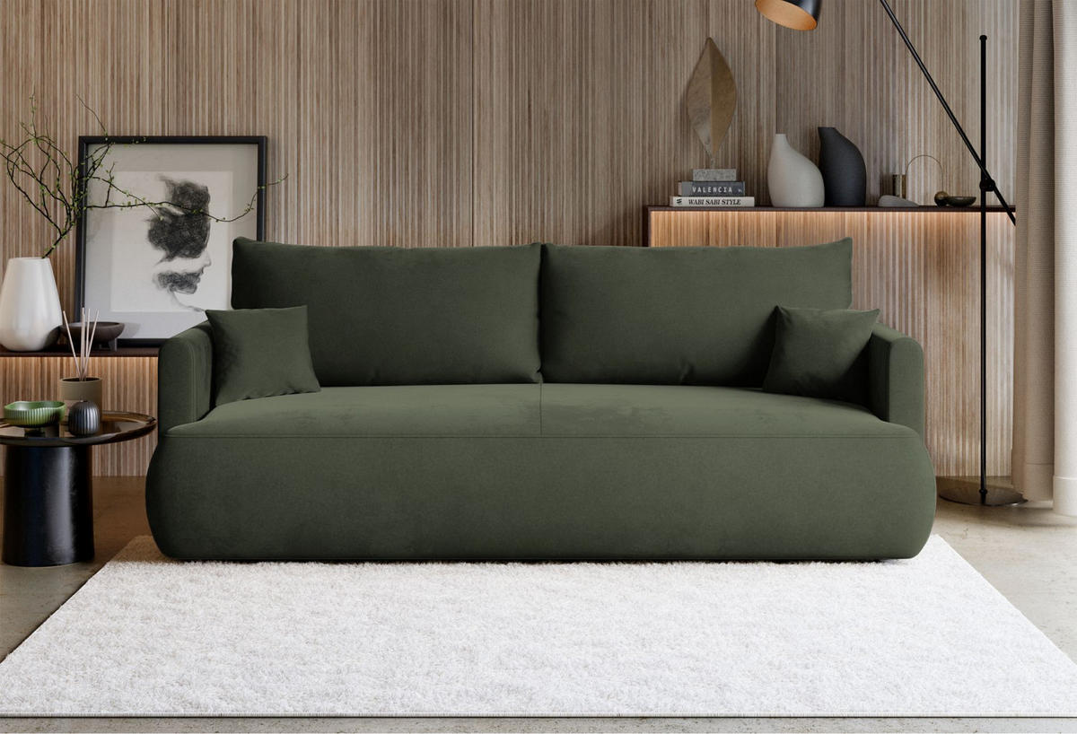 3-SITZER SOFA Ovo Mini Olivgrün Velours Easy-Clean - Schwarz/Olivgrün, Kunststoff/Textil (226/90/97cm) - Selsey