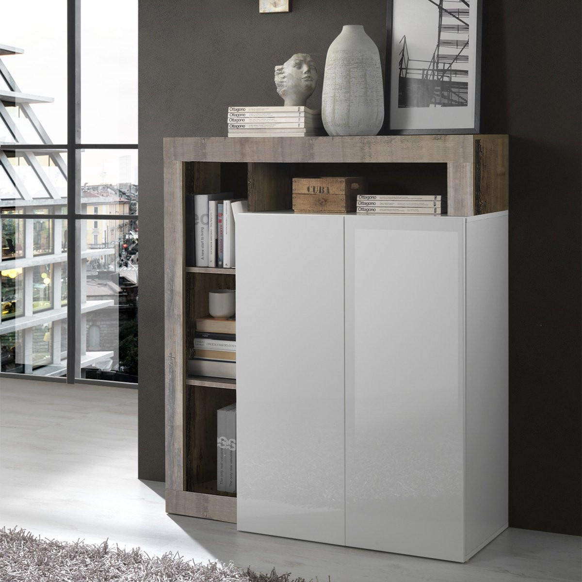 HIGHBOARD mit 2 Türen Frankfurt - L108 cm - Weiß, Holzwerkstoff (108/127/42cm) - Calicosy
