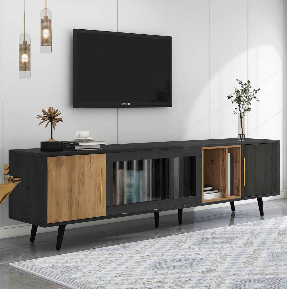 TV-SCHRANK aus MDF 200x40x55,5 cm Grau/Braun mit Kabelmanagement und Changhong-Glastür - Grau, Holzwerkstoff (200/55.5/40cm) - Modfu