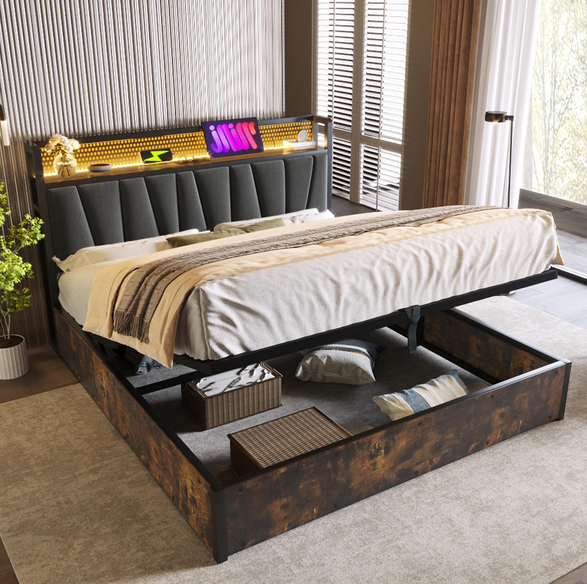 POLSTERBETT 160/200 cm mit LED-Beleuchtung, USB und Bettkasten in Grau - Grau, Textil (160/200cm) - BEAOK
