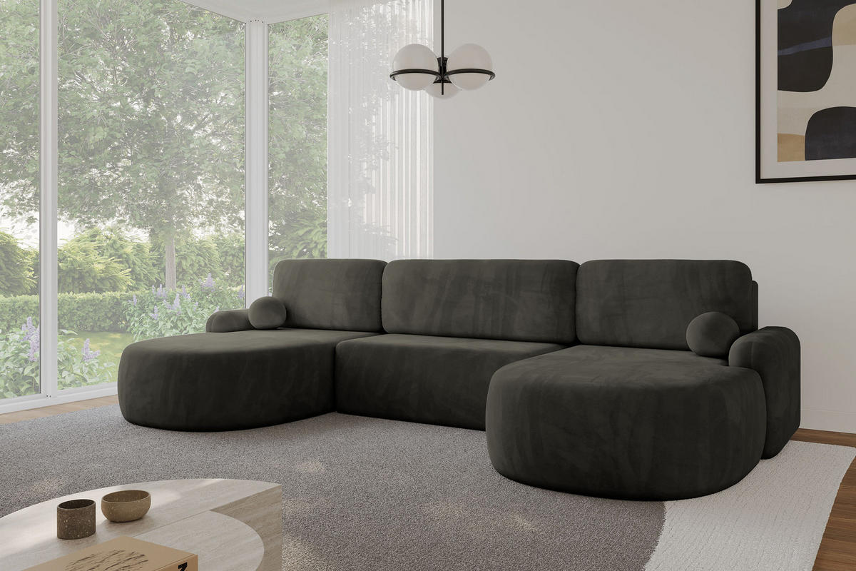 WOHNLANDSCHAFT mit Schlaffunktion und Bettkasten LIRA-U - 335x172x89 Schwarz - Schwarz Hochglanz, Holzwerkstoff/Textil (335/89/172cm) - ALTDECOR