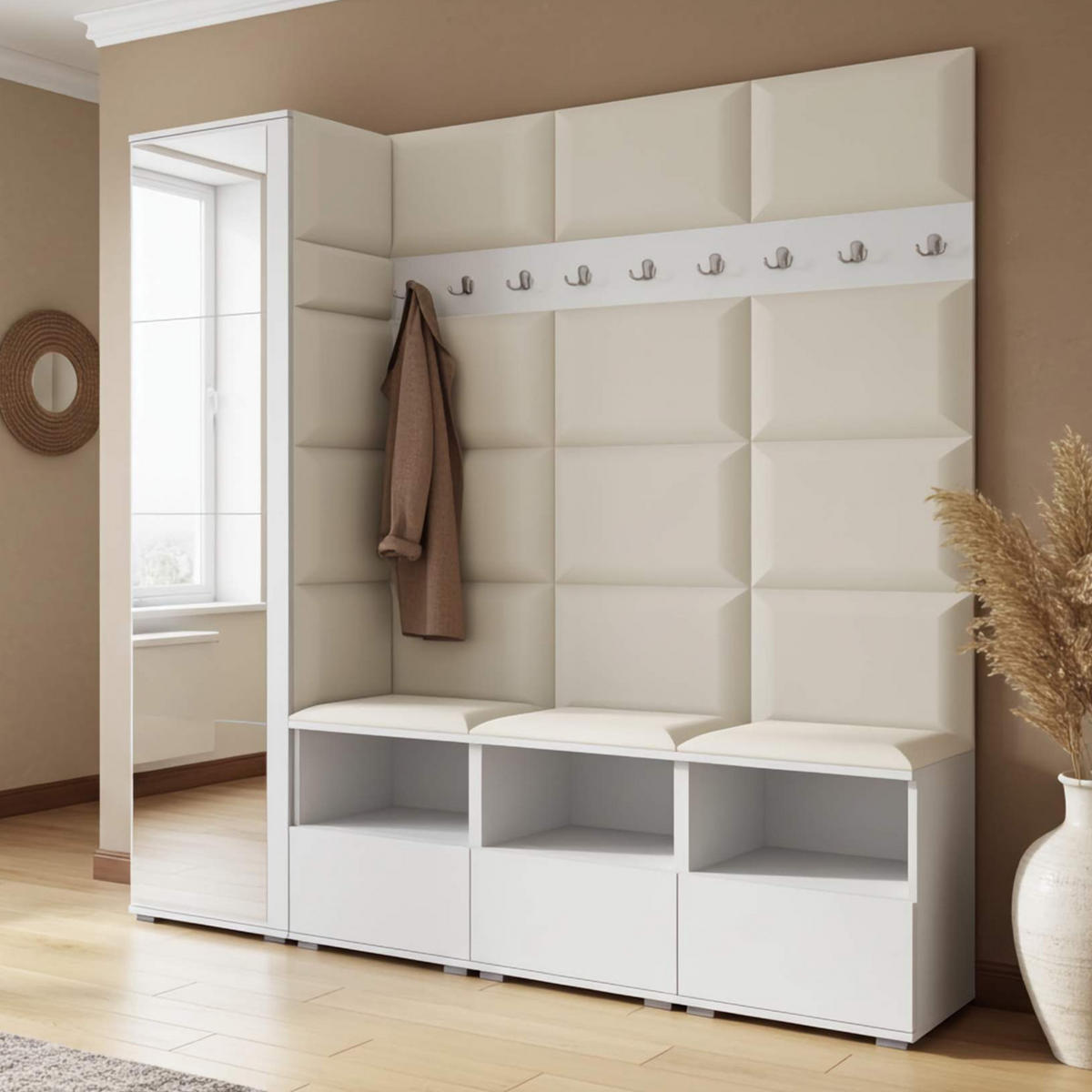 GARDEROBE NELA IX 200 cm (Modulare Flurmöbel Weiß mit Spiegel & Sitzpolster Creme 01 Breite Sitzbank) - Silberfarben/Creme, Holz/Holzwerkstoff (200/187/40cm) - Ravio