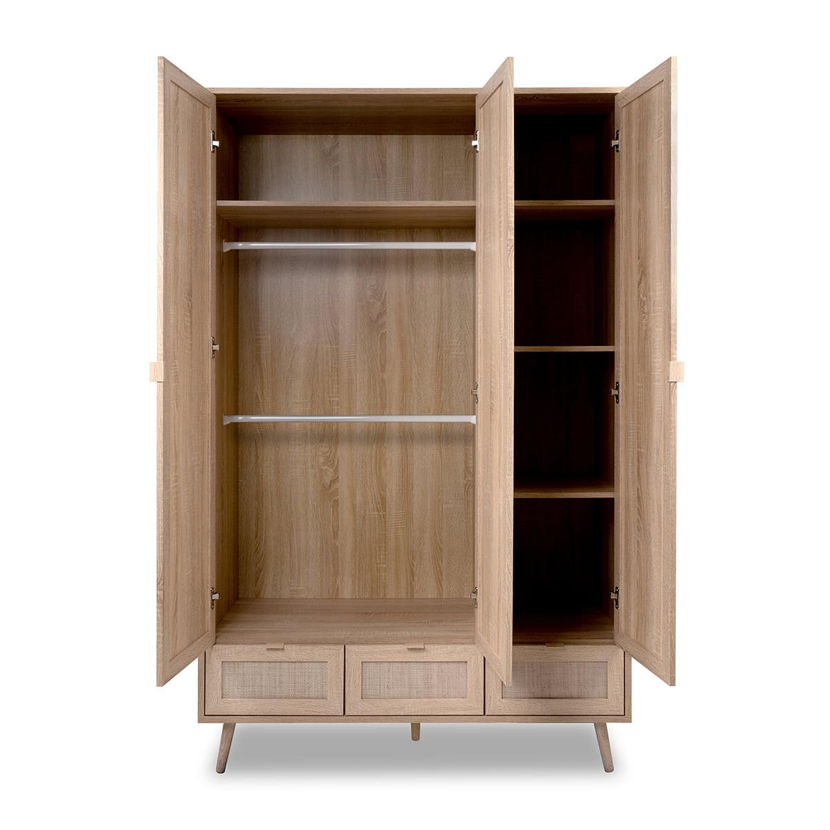 SCHRANK mit 3 Türen, 3 Schubladen, 2 Kleiderstangen L120cm - Rattan-Druck - Bali - Apfelbaumfarben, Holzwerkstoff (55/195/120cm) - Calicosy