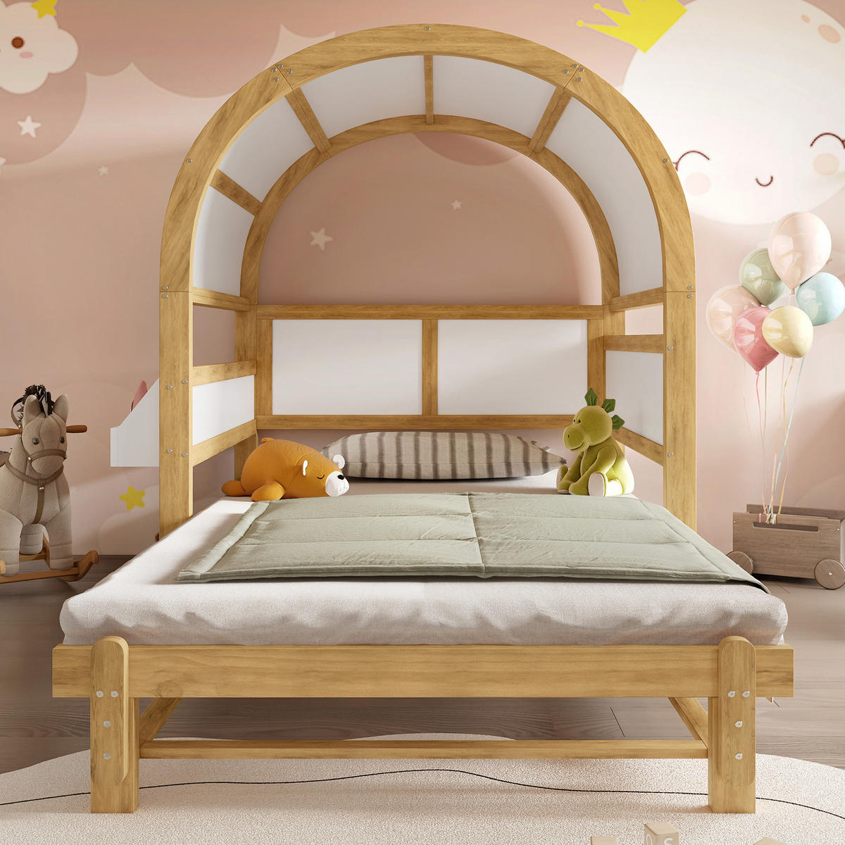POSTELJA v obliki hiše 140/200 cm bela/naravna z izvlečnim ležiščem iz masivnega lesa in MDF - bela, leseni material (140/200cm) - OKWISH