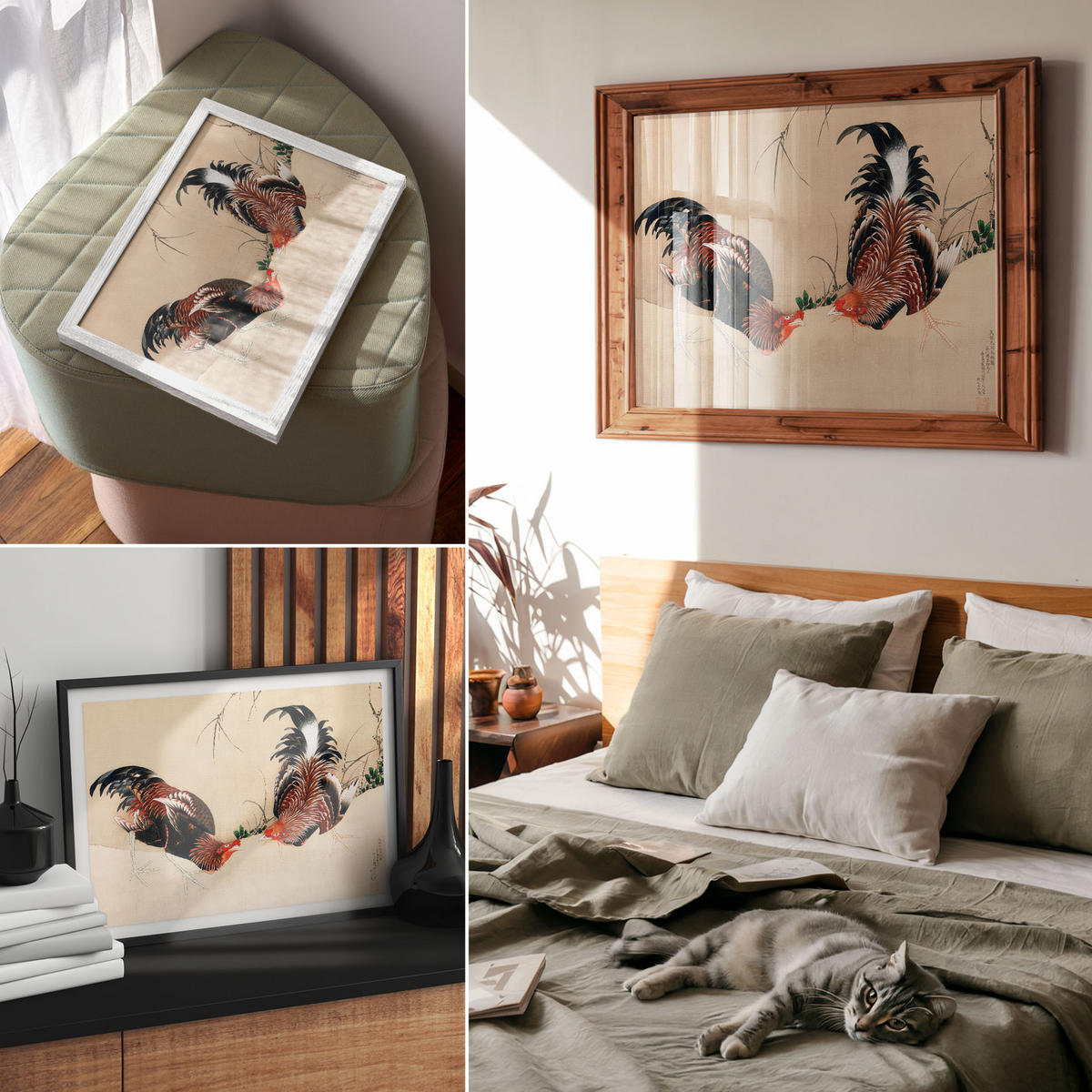 POSTER - 29x21 cm (A4) - Hokusai - Hähne - Creme, Textil (29.7/21/0.1cm) - TULUP