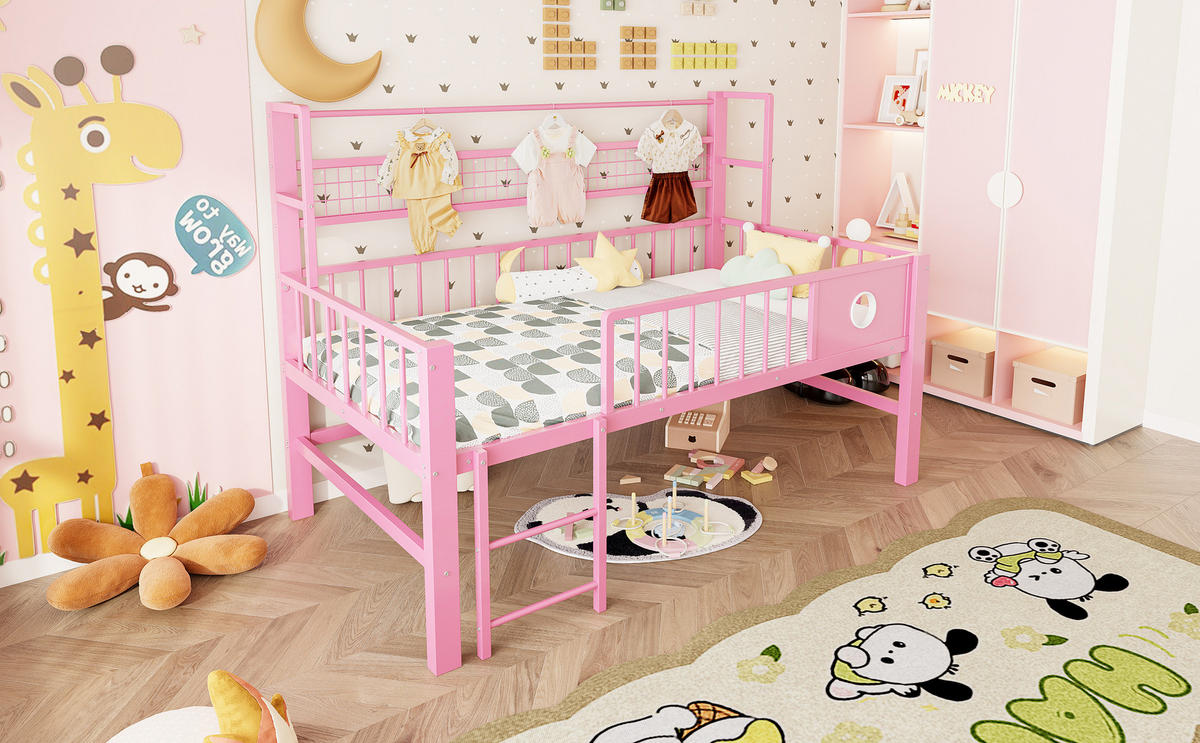 HOCHBETT 90/200 cm in Rosa mit Ablage, Kleiderstange und Stauraum Metall - Rosa, Holzwerkstoff/Metall (90/200cm) - CHICFURN