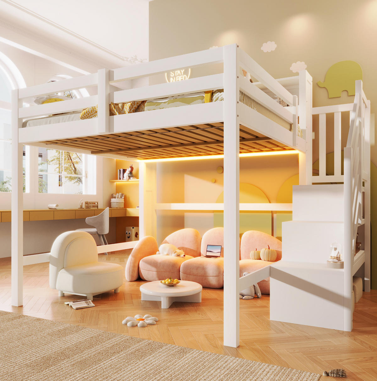 HOCHBETT 140/200 cm Weiß mit LED und Stauraumtreppe ohne Matratze - Weiß, Holz (140/200cm) - MIVRAY