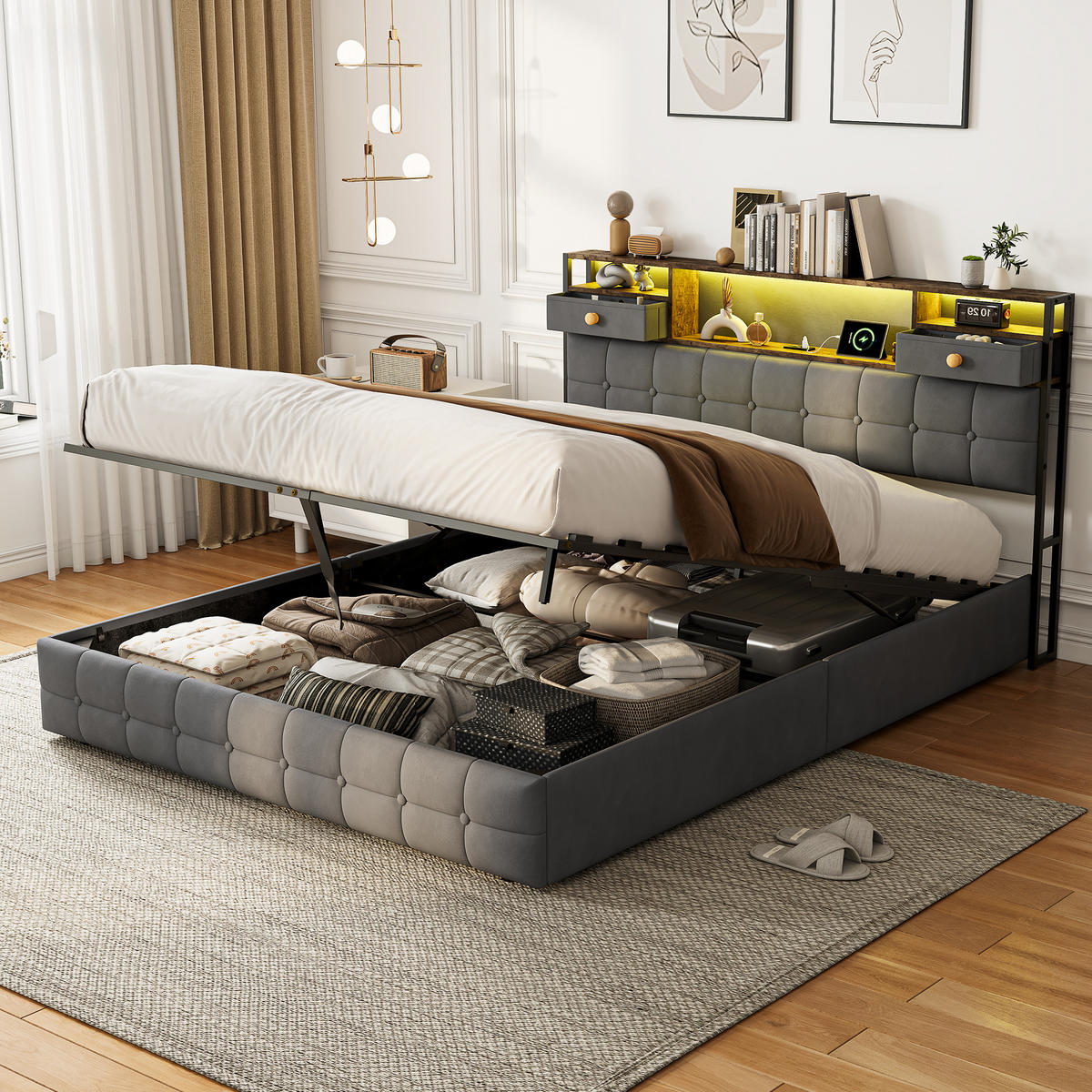 BETT 160x200 mit 2 Schubladen am Kopfteil, Hydraulik-Stauraum, LED und USB, Samt in Grau - Grau, Holz (160/200cm) - BRILVERDE