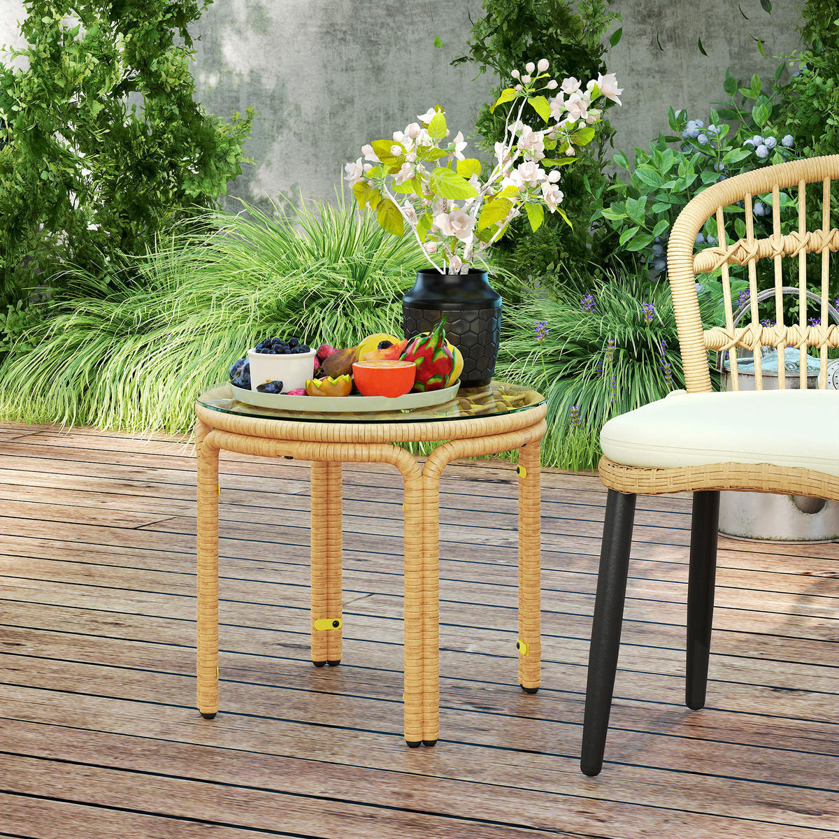 BEISTELLTISCH DE-06648 rund, Glasplatte, PE-Rattan Gelb - Gelb, Kunststoff/Metall (50/50/44cm) - ComfortXL