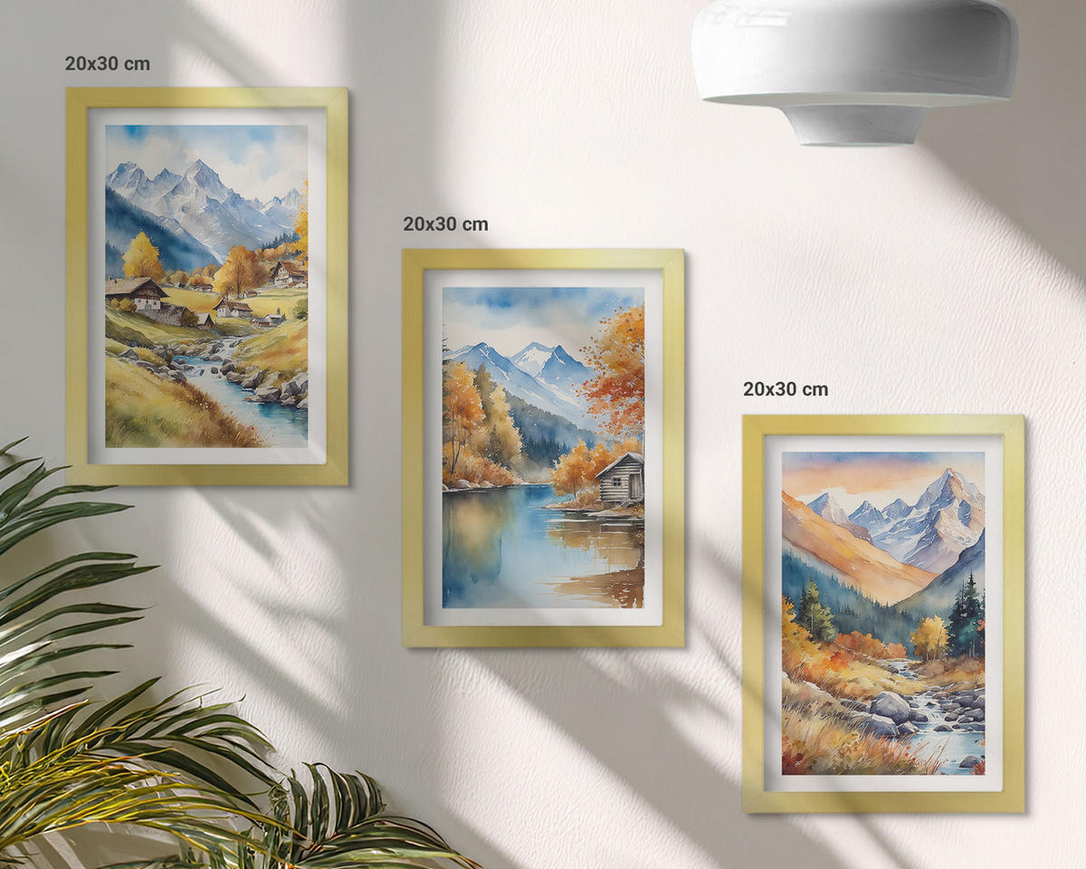 WANDBILDER 3er Set - 20x30 cm Goldrahmen - Herbstliche Berge, Flusshäuser - Goldfarben, Kunststoff (20/30cm) - ArtPrintCave