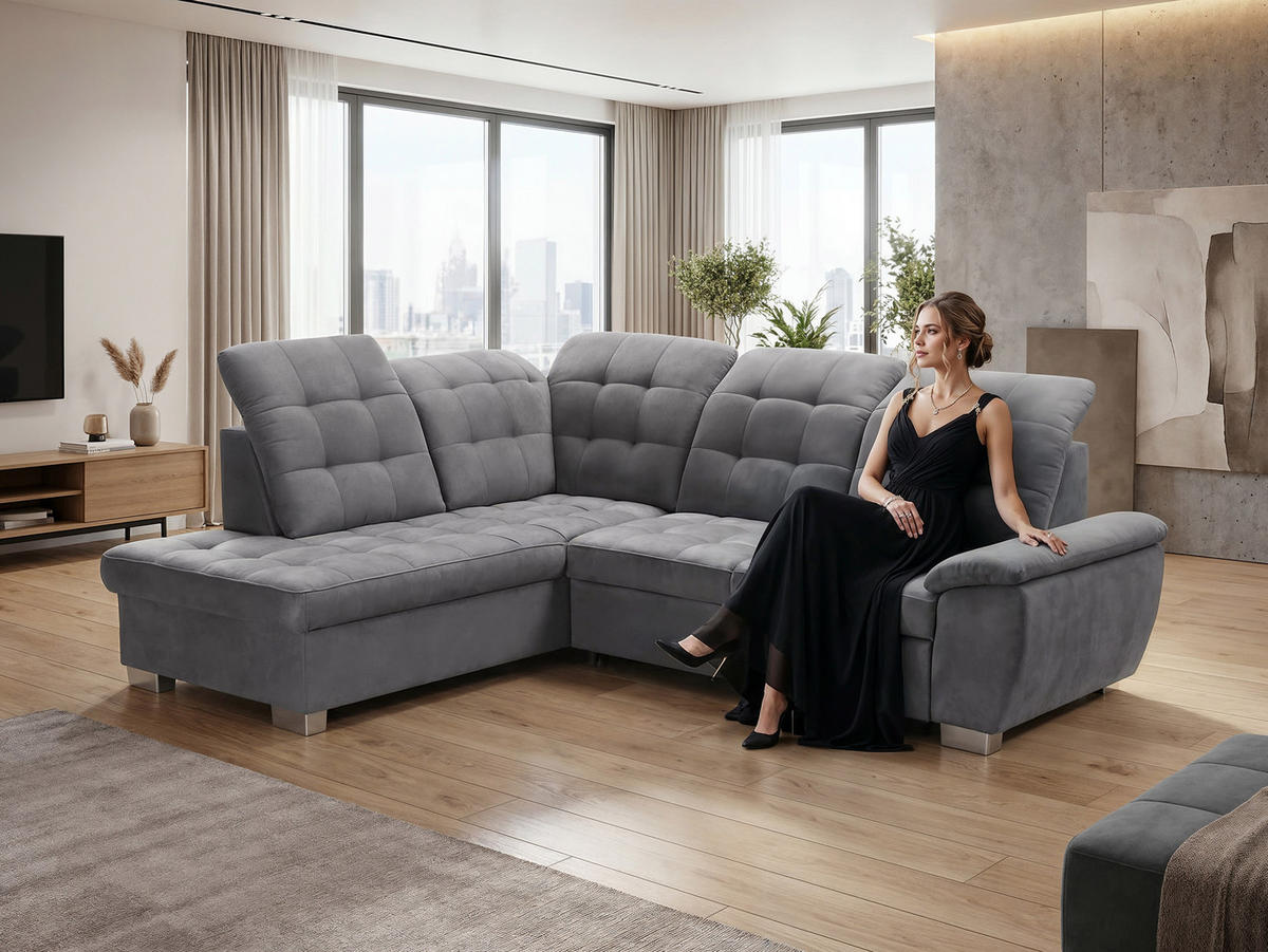 ECKSOFA LENO Links, mit Schlaffunktion und Bettkasten, Grau - Grau, Kunststoff/Textil (261/220cm) - Idohome